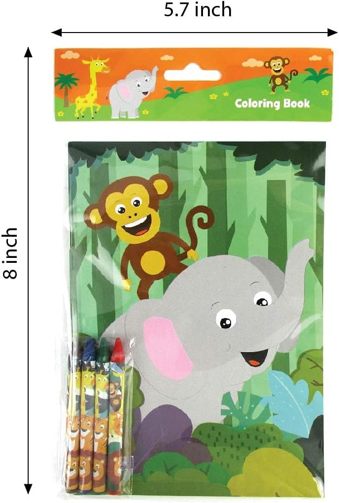 TINYMILLS Safari Animals Jungle Book Birthday Party Favor Set of 108 pcs (12 Large Party Favor Treat Bags with Handles, 24 Self-Ink Stamps for Kids, 12 Sticker Sheets, 12 Coloring Books, 48 Crayons)