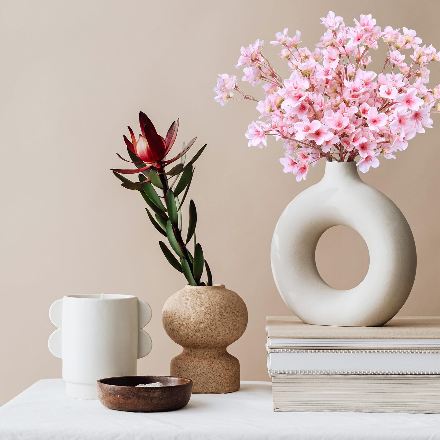 6Pcs Artificial Cherry Blossom Branches Decor Fake Flowers 16&#x22; Silk Faux Flowers for Decoration Spring Peach Bouquet Home Wedding Bedroom Party Japanese Garden Table Centerpiece Decor(Pink)