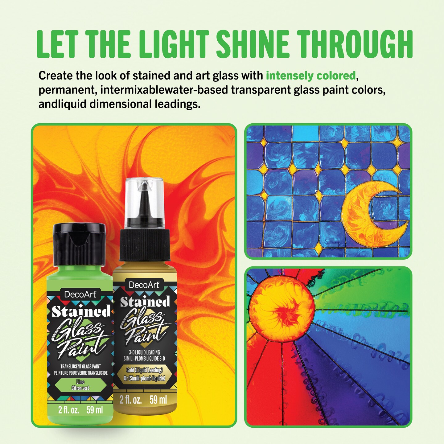 DecoArt Stained Glass Paint Complete Set -11 intensely colored, intermixable colors and 2 metallic liquid dimensional leadings