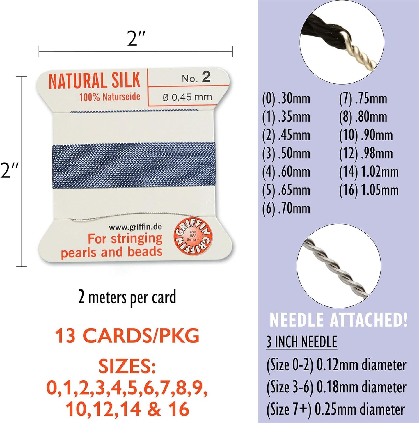 Griffin Silk Bead Cord Perlseide – Size Assortment 0-16 – 2 Meters per Card – Stainless Steel Needle Attached – for Knotting Pearls, Gemstones, Crystals and Beads