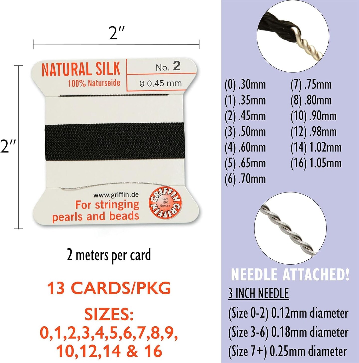 Griffin Silk Bead Cord Perlseide – Size Assortment 0-16 – 2 Meters per Card – Stainless Steel Needle Attached – for Knotting Pearls, Gemstones, Crystals and Beads