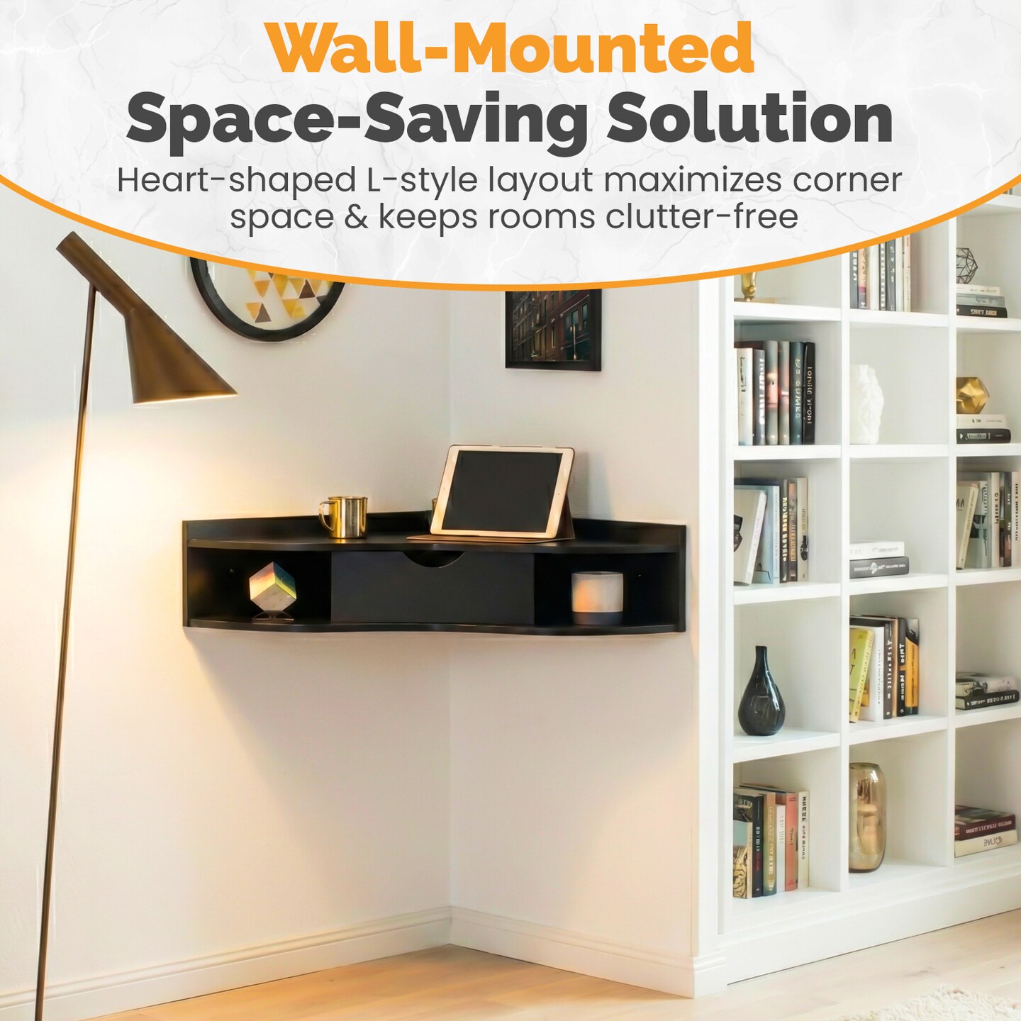 Basicwise Wall Mounted Folding Desk with Drawer and Two Shelves - Fold Down Floating Desk for Small Spaces, Writing Table, Laptop Workstation, Space Saving, Easy Assembly