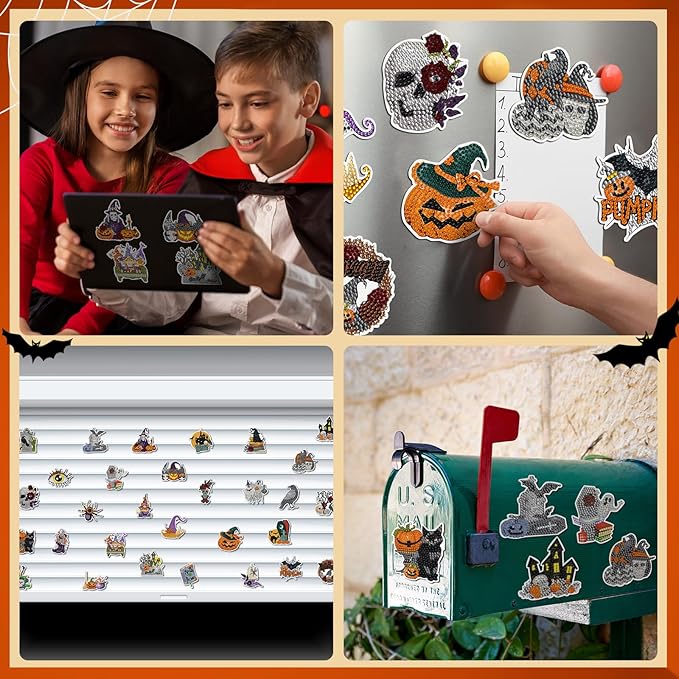 30 Pcs Halloween Diamond Art Magnets Kits DIY Skull Ghost Pumpkin Crow Spider Diamond Painting Fridge Magnetic Stickers Scary Gem Art Magnets for Beginners Holiday Decor Home