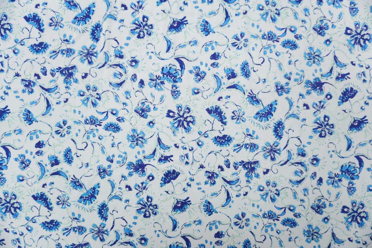 White-Blue-Teal Rayon Floral Printed Voile Woven Fabric By the Yard