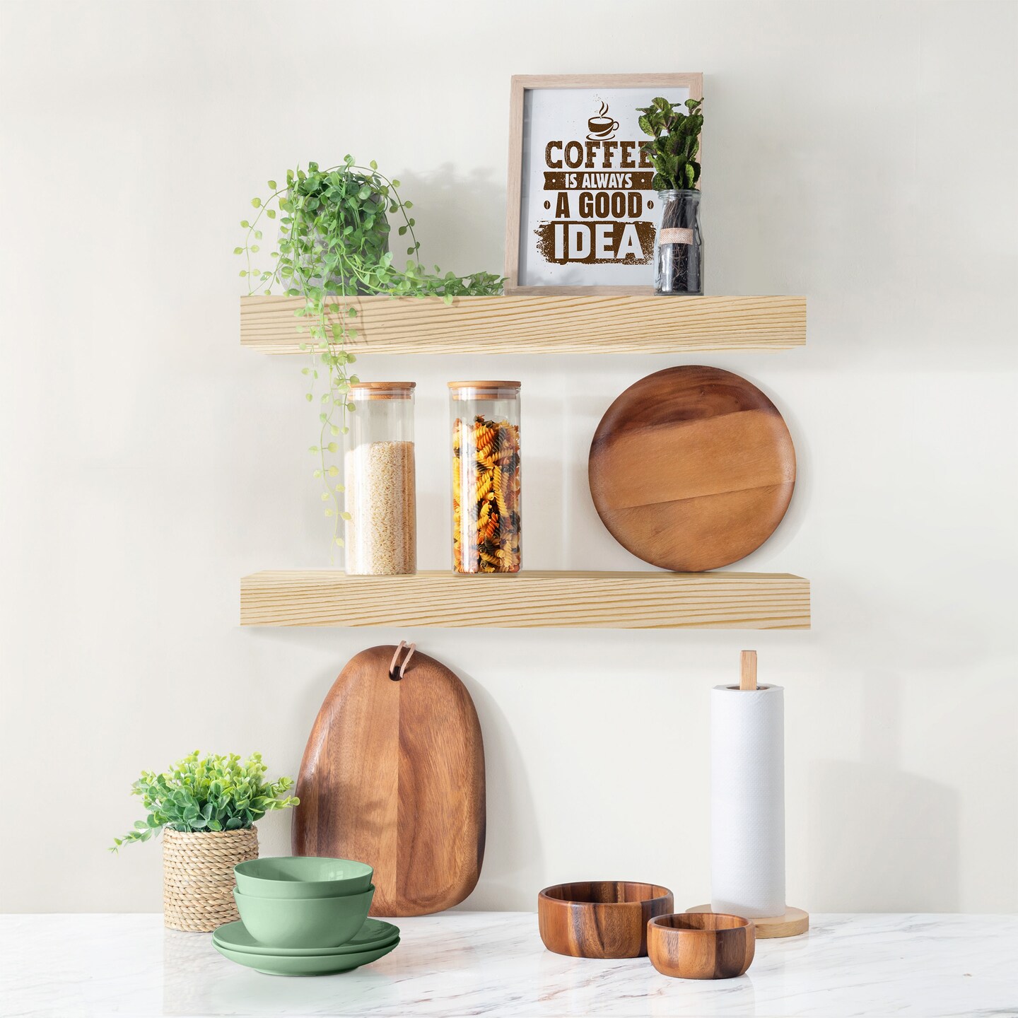Sorbus Wood Floating Shelves for Wall - 16&#x201D; Solid Wood Wall Shelves for Bathroom Decor, Books, Bedroom &#x26; Living Room - Set of 2 Black Wall Mounted Kitchen Shelves - Durable 100% Premium Solid Pine