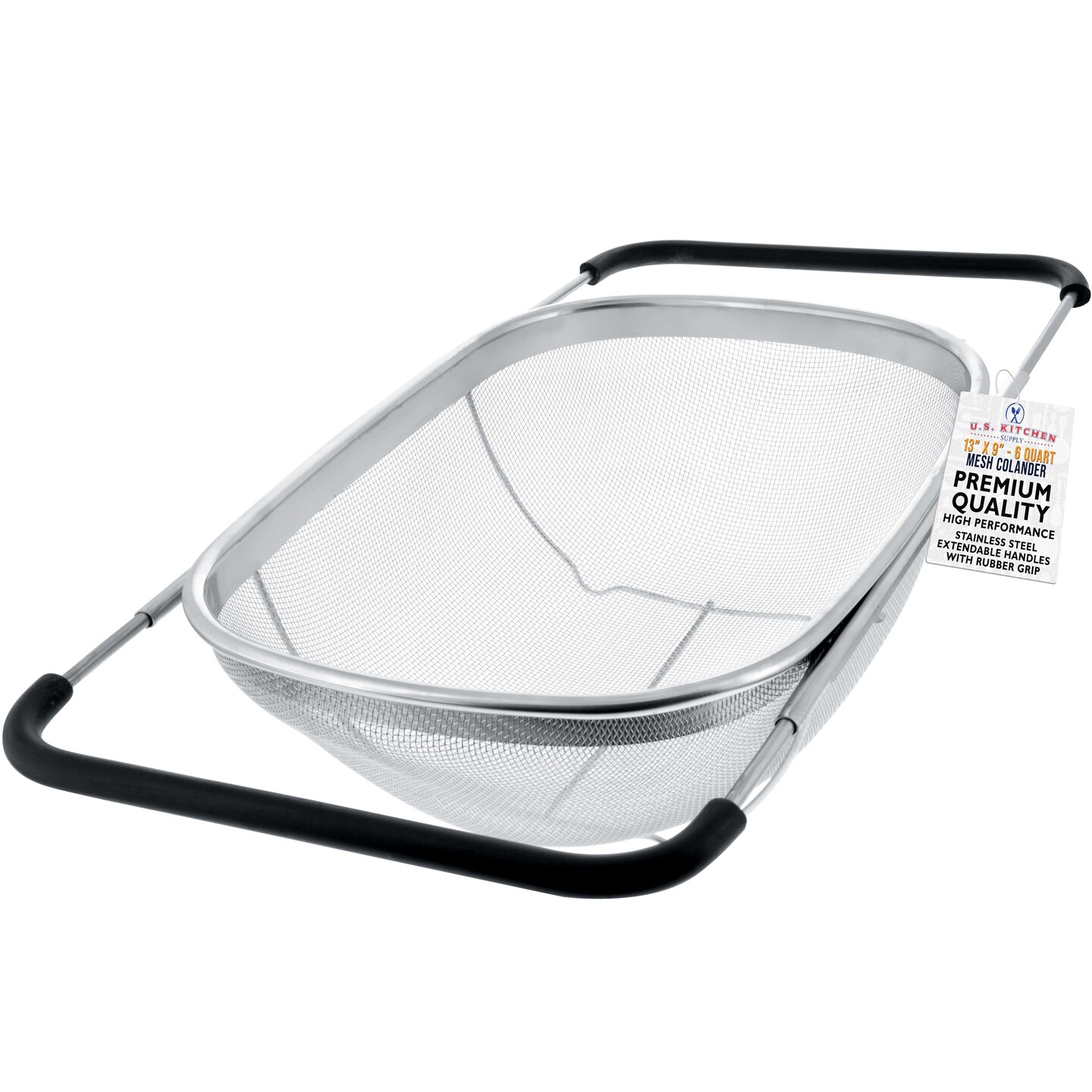 U.S. Kitchen Supply&#xAE; Premium Quality Over The Sink Stainless Steel Oval Colander with Fine Mesh 6 Quart Strainer Basket &#x26; Expandable Rubber Grip Handles
