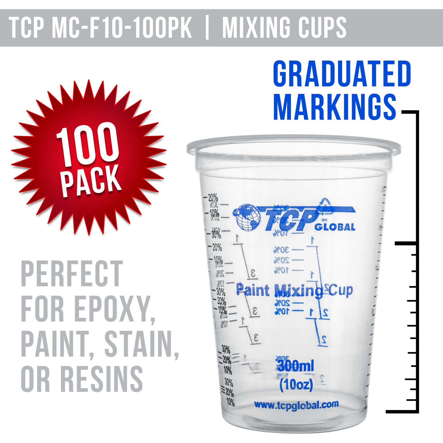 TCP Global 10 Ounce (300ml) Disposable Flexible Clear Graduated Plastic Mixing Cups - Box of 100 Cups &#x26; 50 Mixing Sticks - Use for Paint, Resin, Epoxy