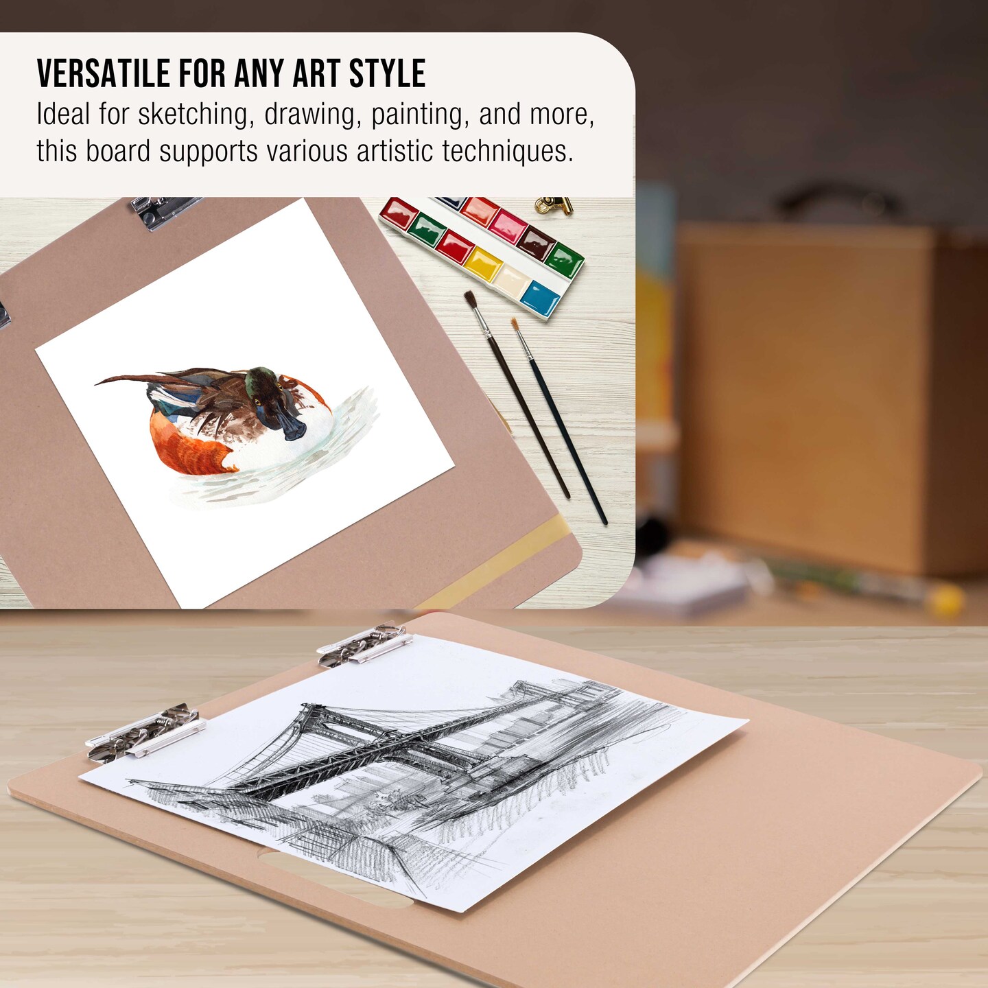 18&#x22; x 18&#x22; Artist Sketch Tote Board - Lightweight Hardboard Drawing Board with Handle, Clip &#x26; Rubber Band for Art, Sketching, Travel, Studio