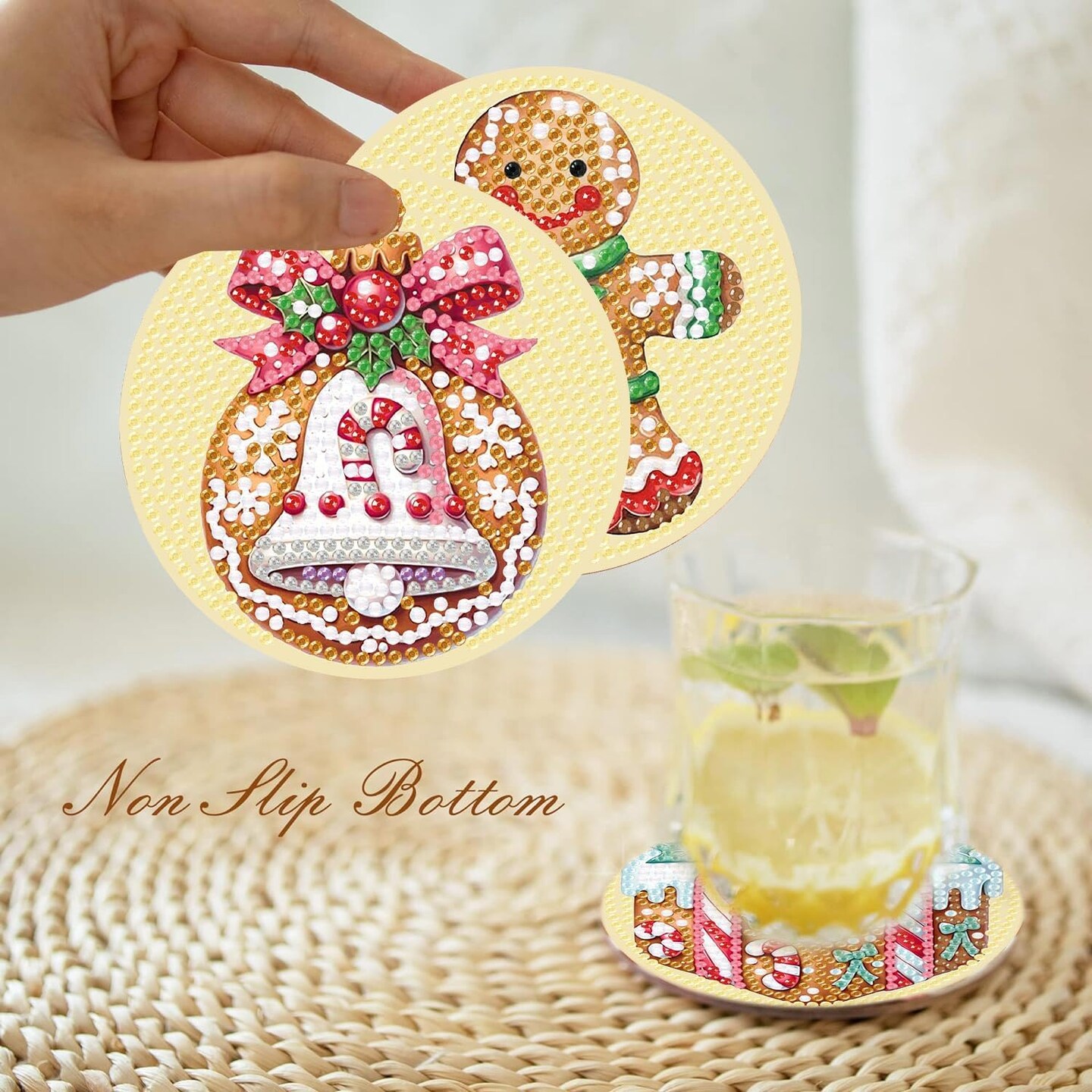 8 Pcs Christmas Diamond Art Coasters Kits with Holder, Gingerbread Snowman 5D DIY Diamond Pinting Coasters Acrylic Round Cup Coaster with Cork Pads for Tabletop Protection 10&#xD7;10 CM
