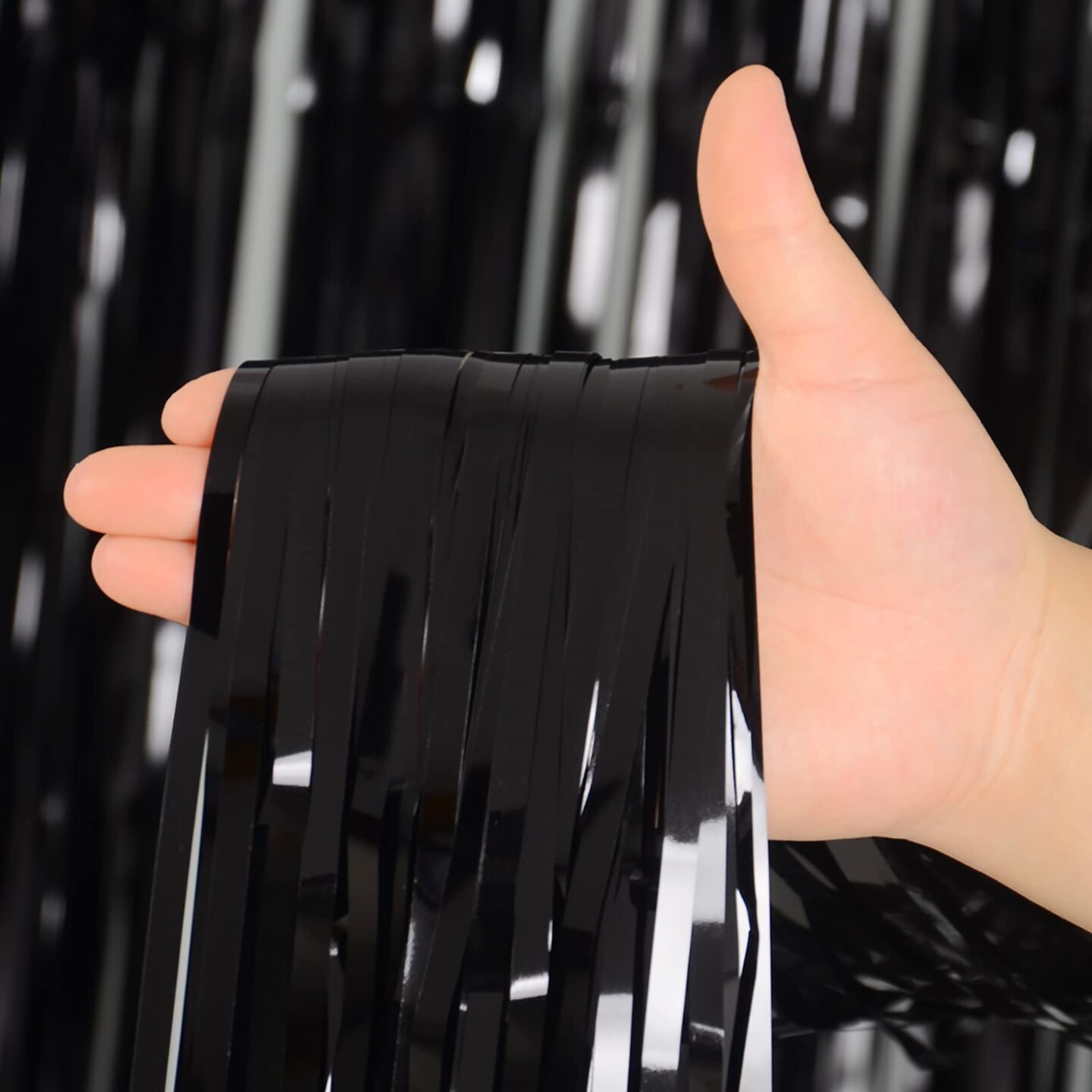 Black [Tinsel] Foil Fringe [Curtain] s, Melsan 3.2 x 8 ft Streamer Backdrop for Birthday, Graduation, Fiesta, Halloween [Party] Decor - Pack of 2 &#x26; Organizer Storage Tote Bag