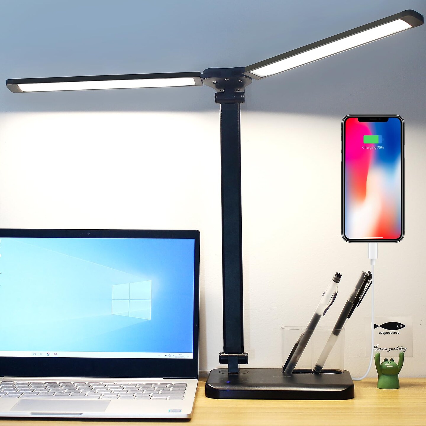 LED Desk Lamp with Dual Heads, 5 Color Modes &#x26; 10 Brightness Levels, Adjustable Reading Light for Home Office, Bedroom, Study, Craft (Black, Includes Adapter)