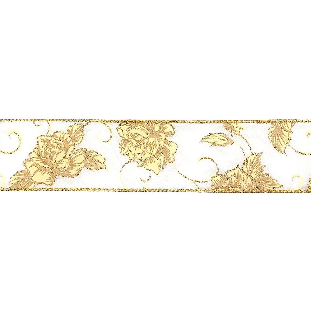 Designer&#x27;s Shop WR 63-5210 2.5&#x201D; x 10 yard Holiday Gold Wild Rose Floral on Sheer wired edge ribbons