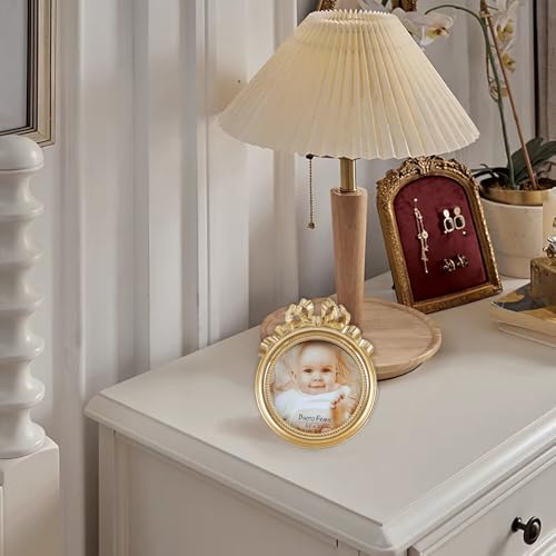 Vintage Picture Frames 3.5x3.5 Ornate Wallet Size Round Small Gold Picture Frames for Tabletop and Wall Mount Retro Home Decor Antique Wall Decor with Embossed Bead and Bow