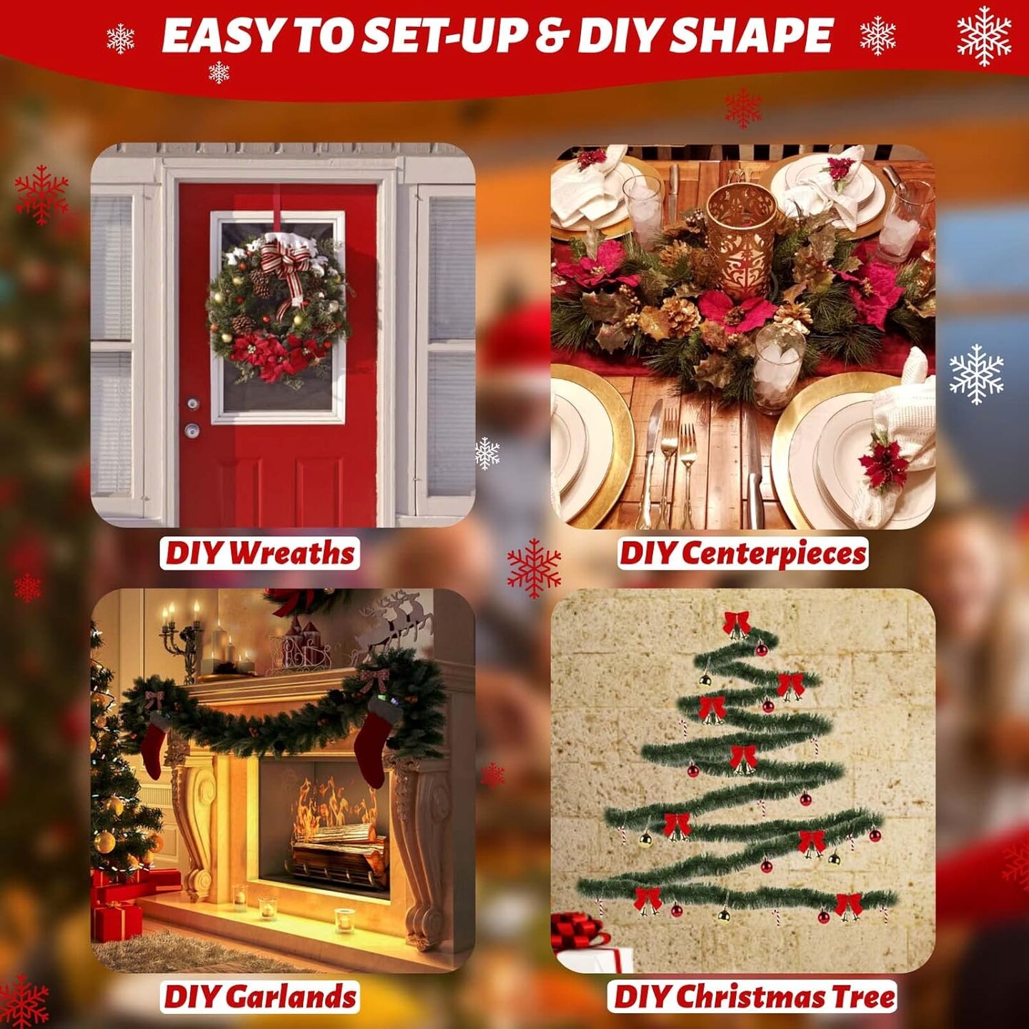 5 Pack 250FT Christmas White Garland Flower for Christmas and Non-Lit Soft Holiday Decor for Outdoor Indoor Artificial Christmas Twist Garland Home Artificial Wedding Party Decoration