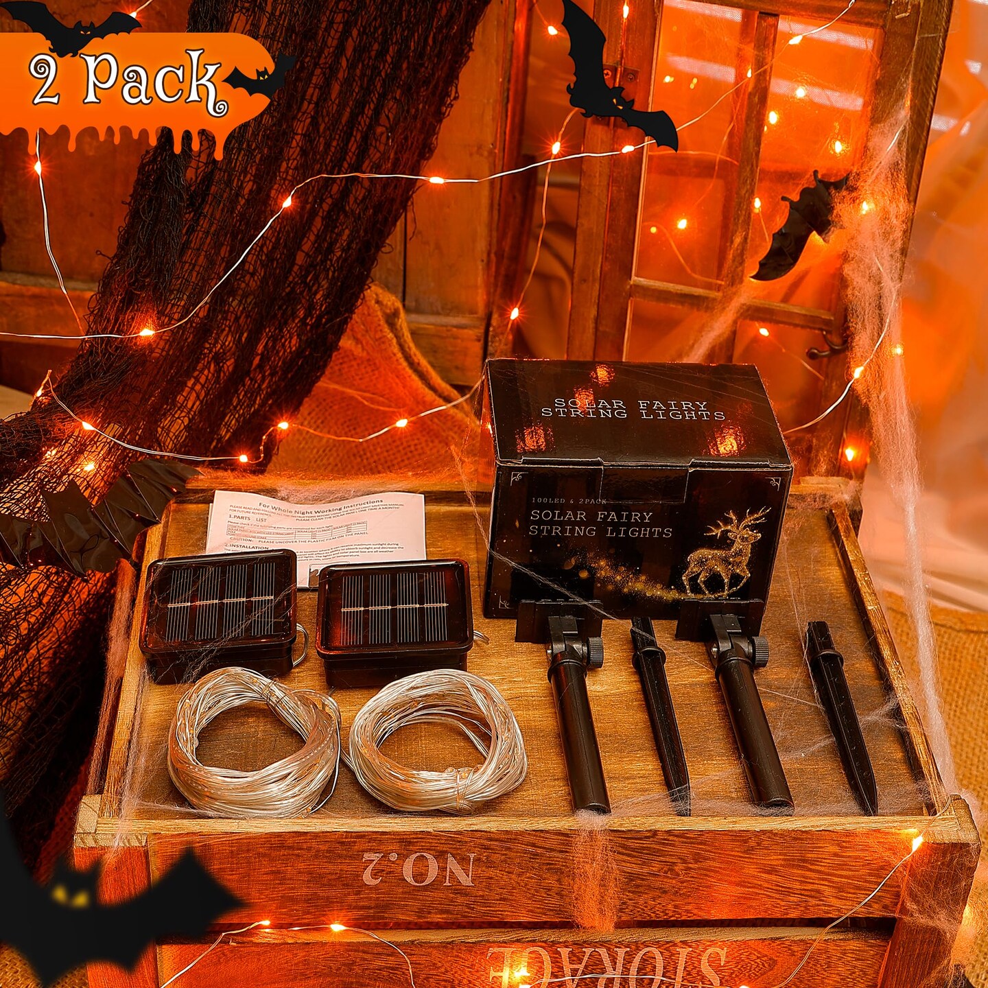 Solar Halloween Lights Outdoor,2 Pack Each 33Ft 100LED Orange Halloween Lights,Copper Wire Solar Powered Fairy String Lights 8 Modes for Garden,Tree,Thanksgiving,Christmas,Parties,Home Decor