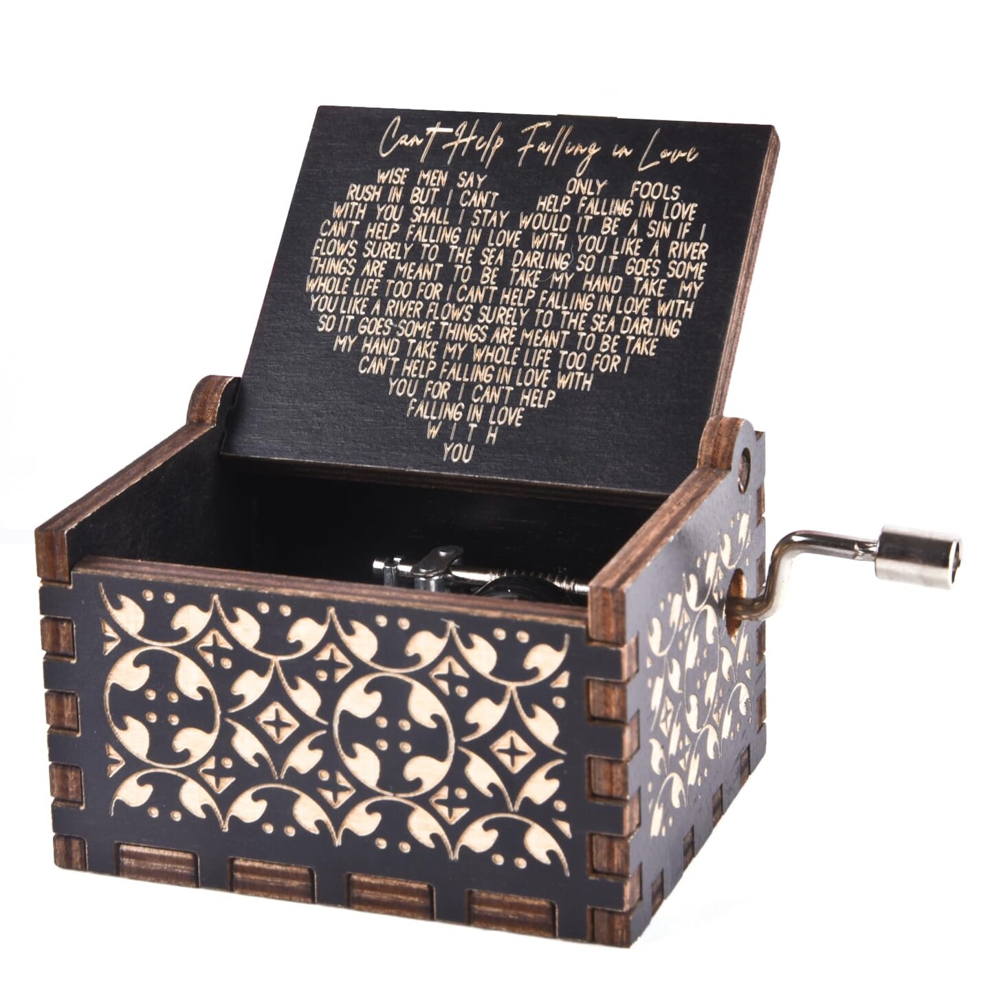 Can&#x27;t Help Falling in Love Wood Music Box, Antique Engraved Musical Boxes Case for Love One Wooden Music Box - Gifts for Lover, Boyfriend, Girlfriend, Husband, Wife (Black)