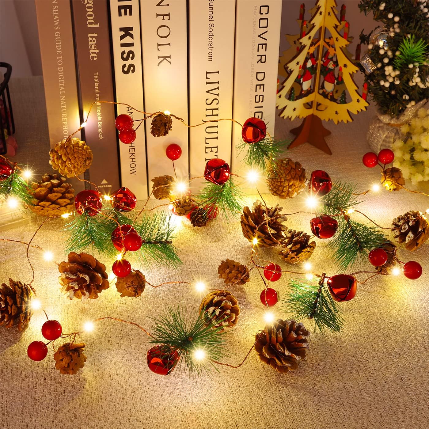 Christmas Garland with String Lights 10 Ft 30 LED Pine Cone Red Berry Bells Garland Lights, Indoor Christmas Decorations for Home and Fireplace Mantel Decor,Christmas Tree Decor (Red)