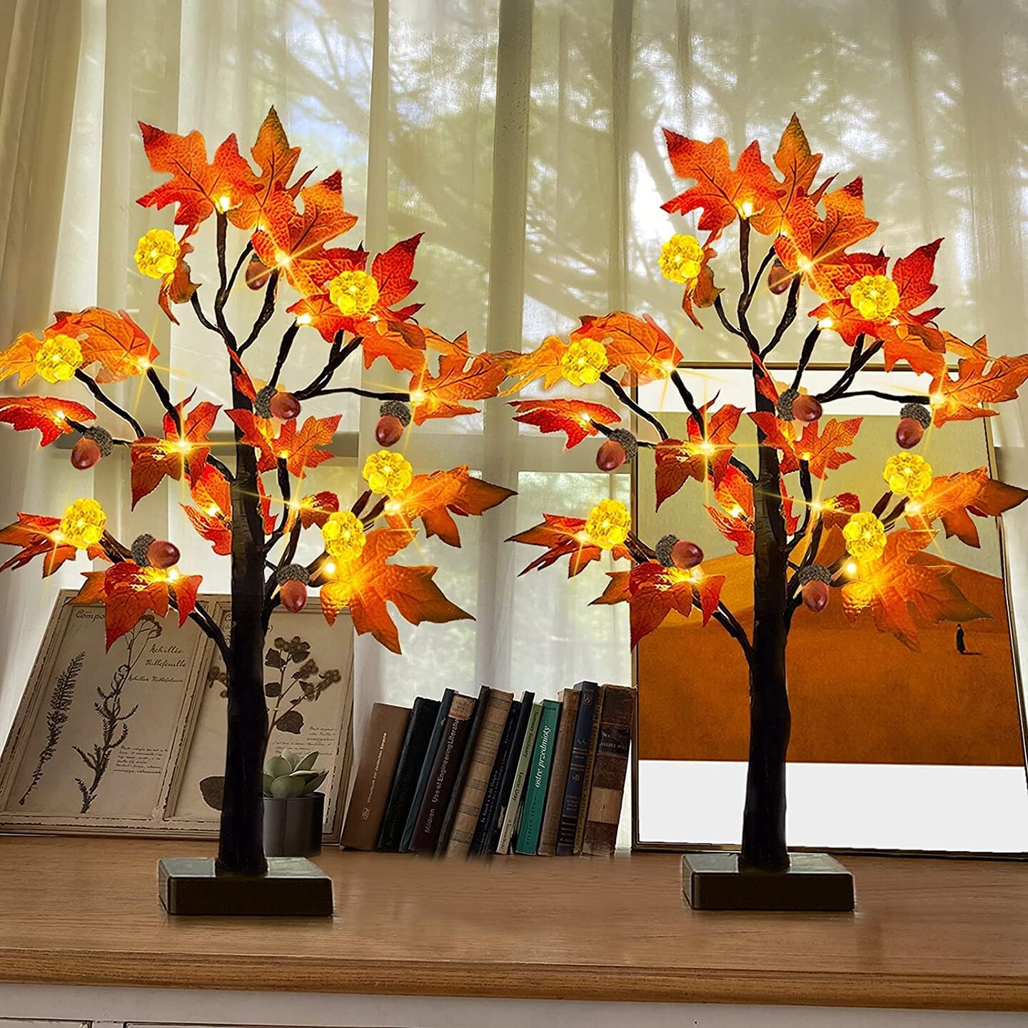 [ 2 Pack &#x26; Timer ]   24 Inch Lighted Maple Tree Fall Decor, Total 48 LED Battery Operated Tabletop Artificial Tree Design Patent Pumpkin &#x26; Acorn Thanksgiving Halloween Decoration Home Indoor  &#x26; Organizer Storage Tote Bag