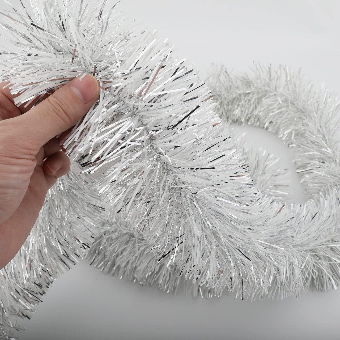 25 ft Long Roll Silver & White Tinsel Twist Garland, Shiny Metallic Foil Decorations for Christmas Eve, New Year Parties (4" x 25' roll, Silver & White)