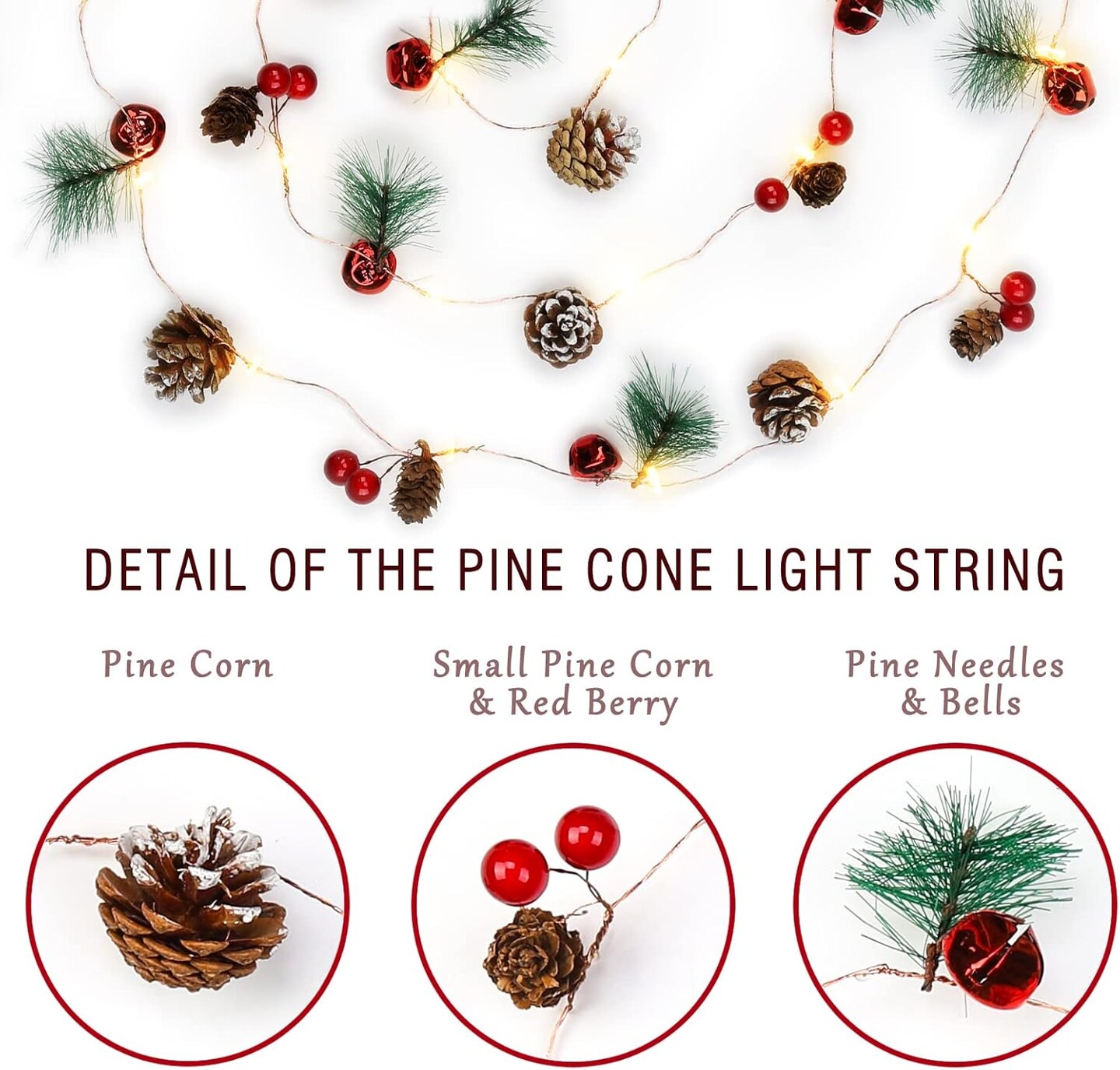 Christmas Garland with String Lights 10 Ft 30 LED Pine Cone Red Berry Bells Garland Lights, Indoor Christmas Decorations for Home and Fireplace Mantel Decor,Christmas Tree Decor (Red)