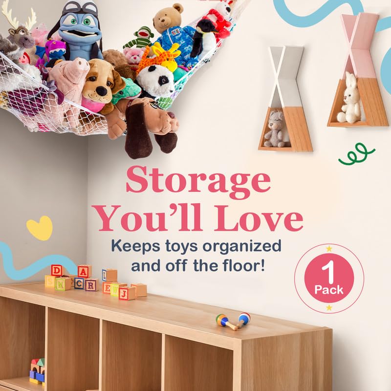 Stuffed Animal Hammock | Corner Hanging Organizer, Toy Storage, Stuffed Animal Storage | Easy to Hang Plushie Net w/Included Anchors &#x26; Hooks | Cute Room, Bedroom &#x26; Home Decor (White)