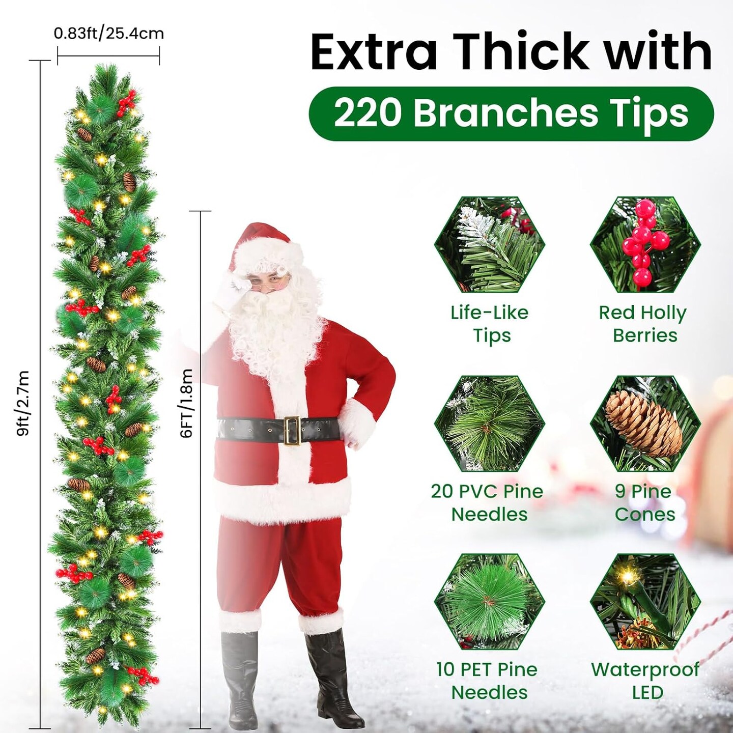 Christmas Garland with Lights, 50 LEDs 9FT Prelit Garland Battery Operated Outdoor Indoor Christmas Decorations Lighted Garland for Stairs Railing Fireplace Mantle Front Door Home Holiday Decor