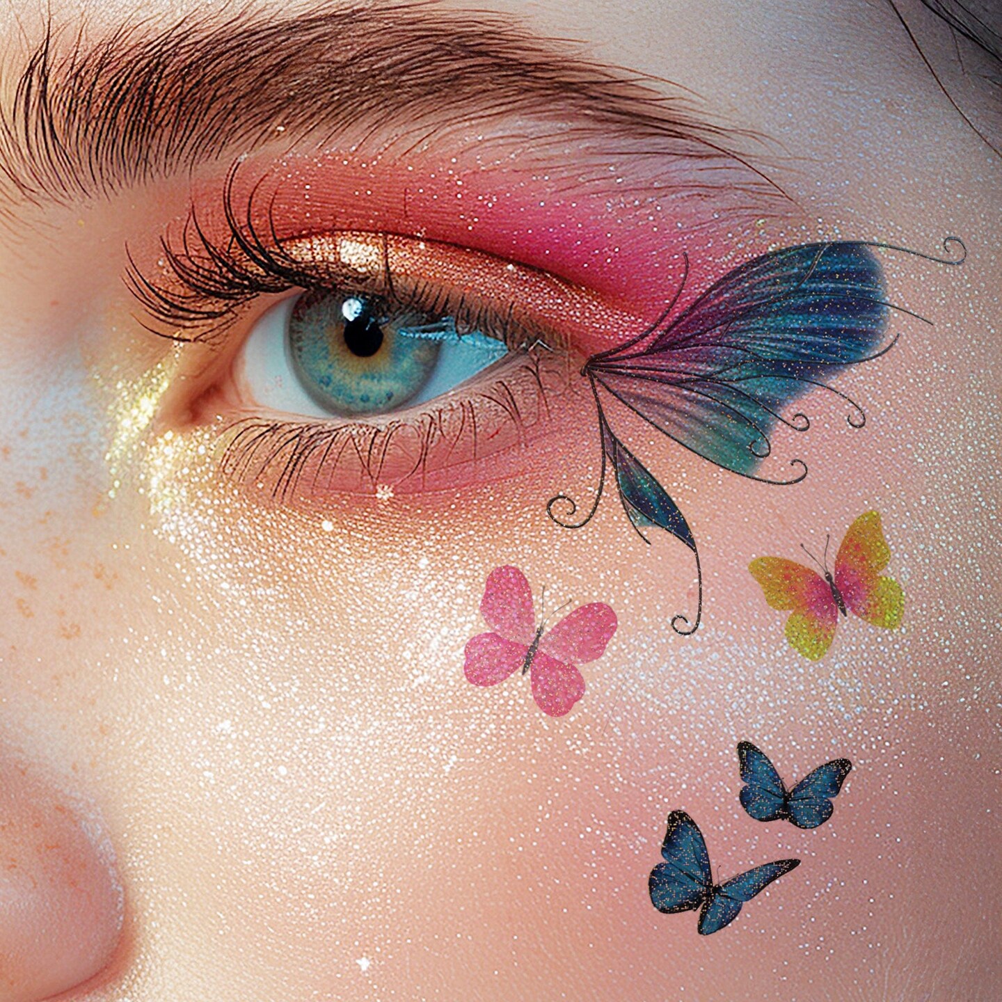 Wrapables Waterproof Glitter Butterfly Wings and Fairy Design Temporary Tattoos for Women, Eye, Face, and Body Makeup for Parties, Beach, Festivals (12 Sheets)