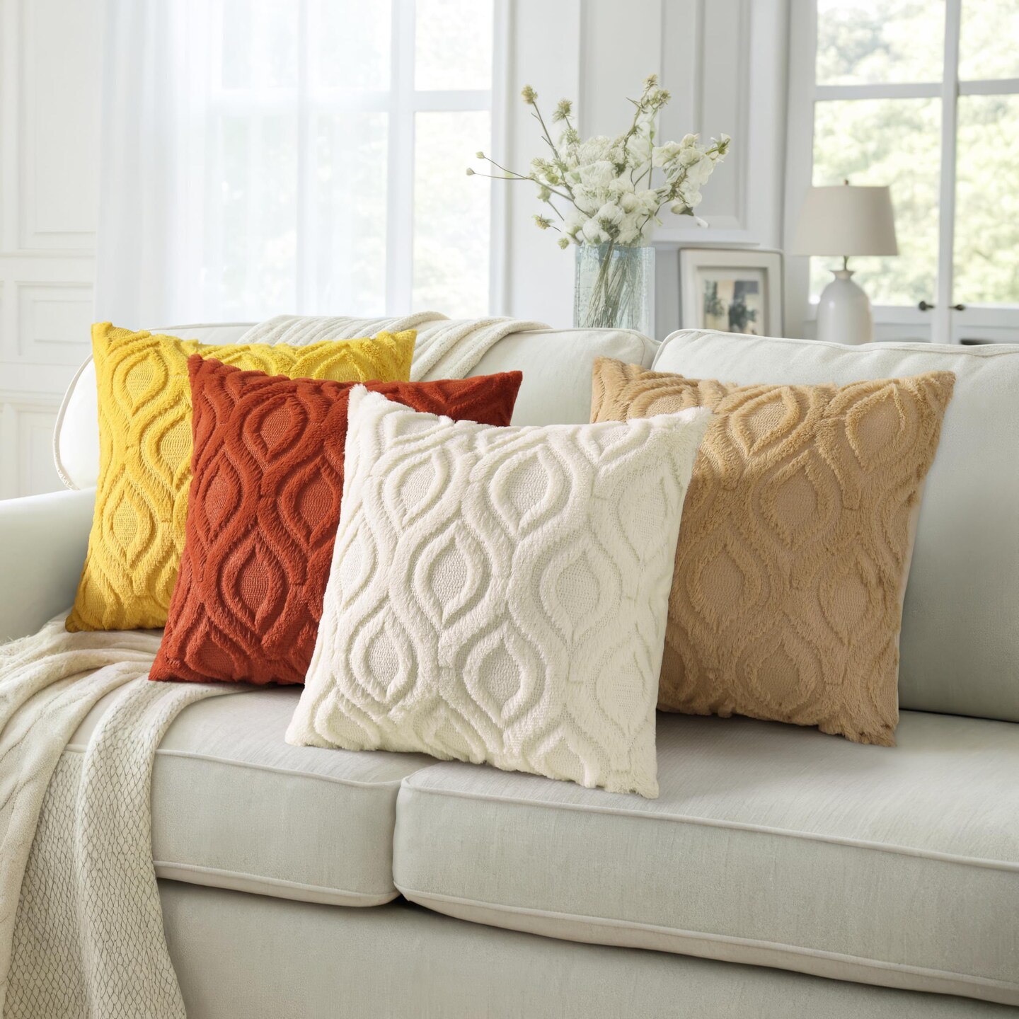 Throw Pillow Covers 18x18 Inch Set of 2, Soft Plush Faux Wool Beige Couch Pillow Covers, Solid Dyed Accent Pillow Cases for Sofa Bed Living Room Home Decor