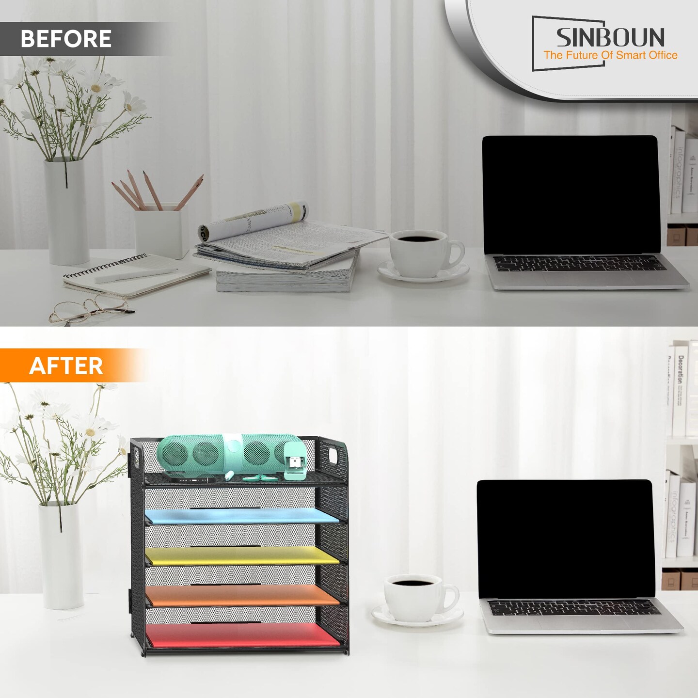 Letter Tray Paper Organizer 5-Tier Desk Organizer File Organizer Paper Holder with Handle, Metal Desktop Document Shelf Tray Office Classroom Organization - Black&#x26; Organizer Storage Tote Bag