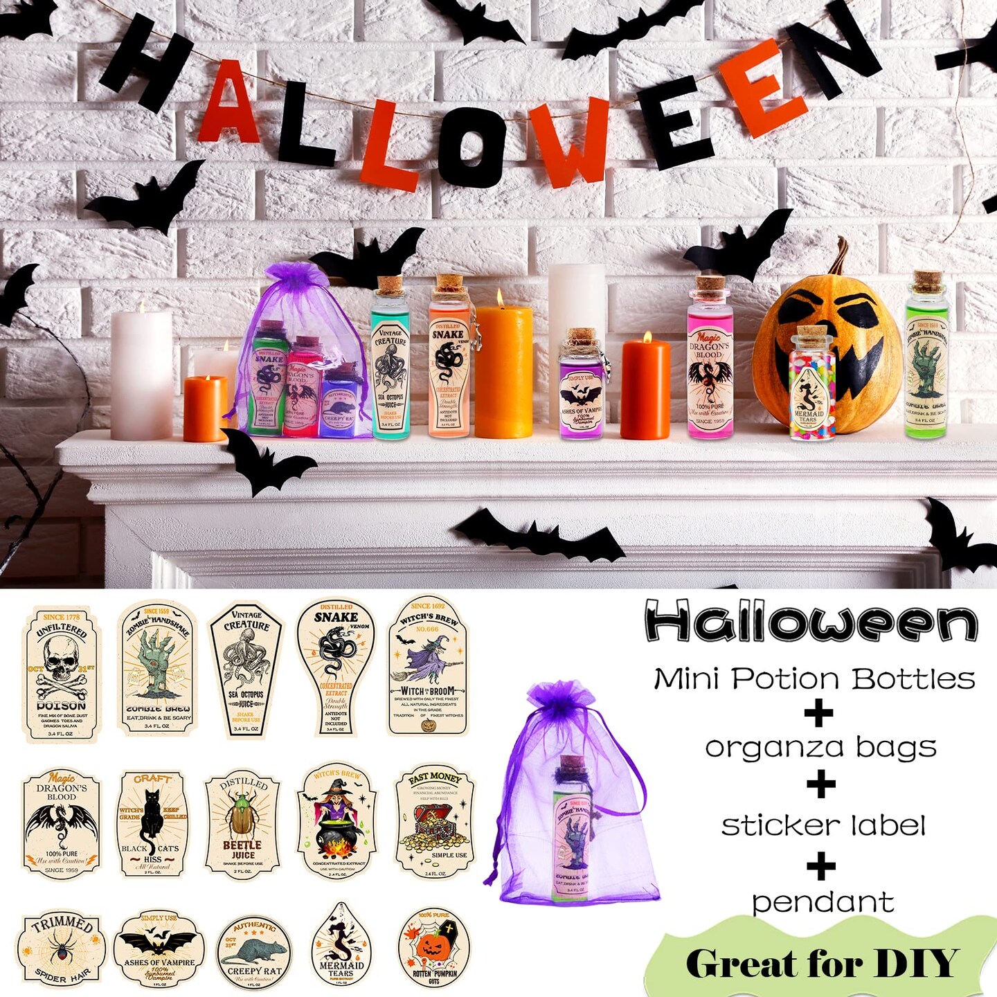 99 Pcs Apothecary Bottles Set with Halloween Stickers &#x26; Pendants - Tiered Tray Decor for Indoor Halloween Party Supplies
