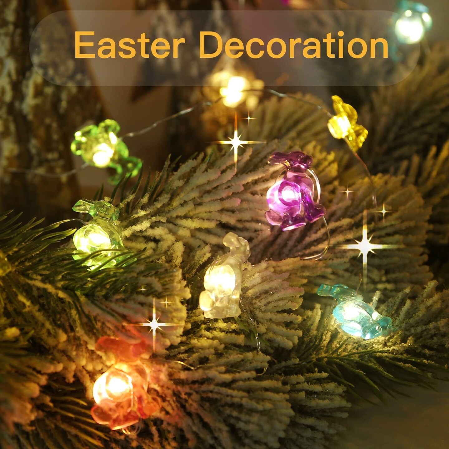 Easter Bunny Battery Operated String Lights, 12.8ft 40LED Waterproof Colorful Easter Fairy Lights with Timer, Easter Lights String Led for Indoor, Tree, Mantle, Table, Outdoor, Spring Decor