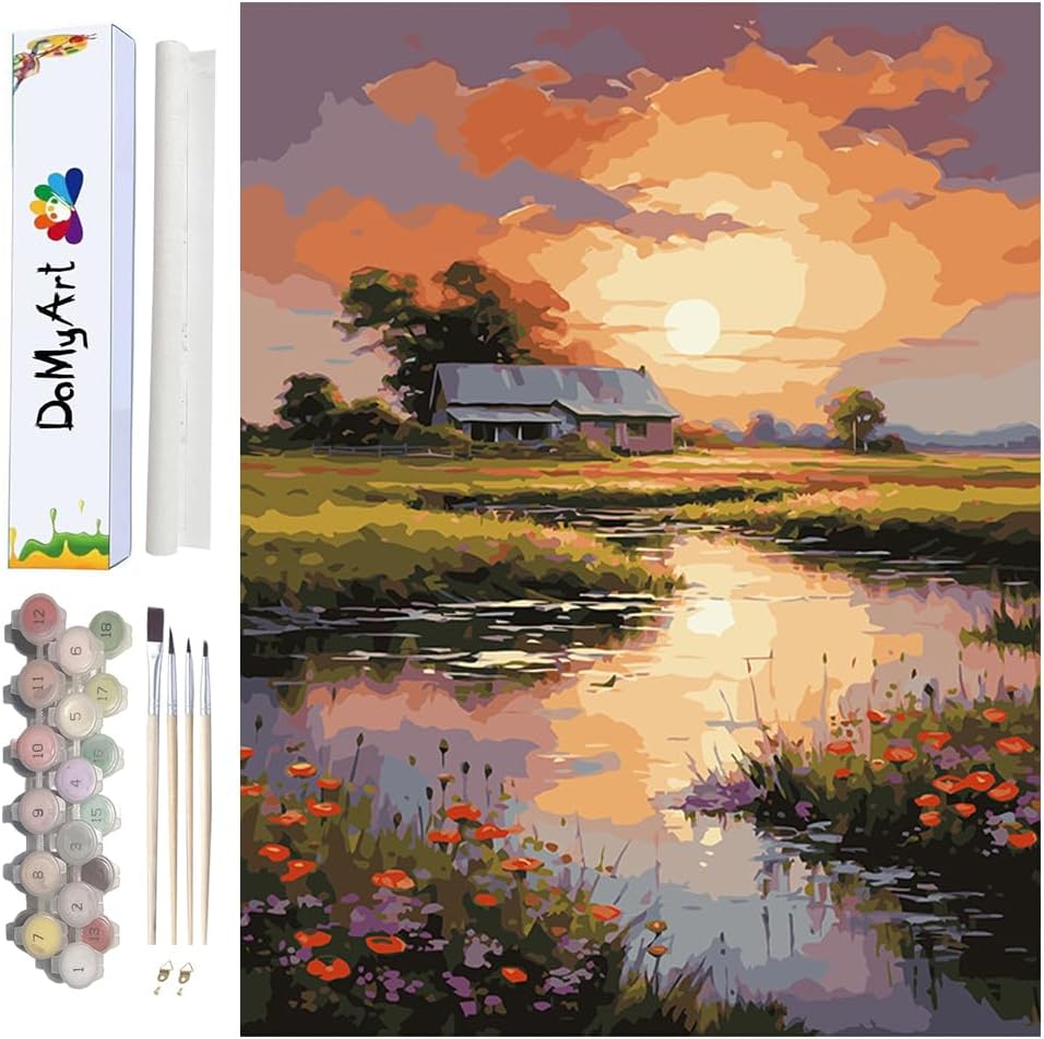 Paint by Numbers Kit for Adults Beginners, DIY Acrylic Painting on Canvas Home Decor Wall Art (River Under Sunset