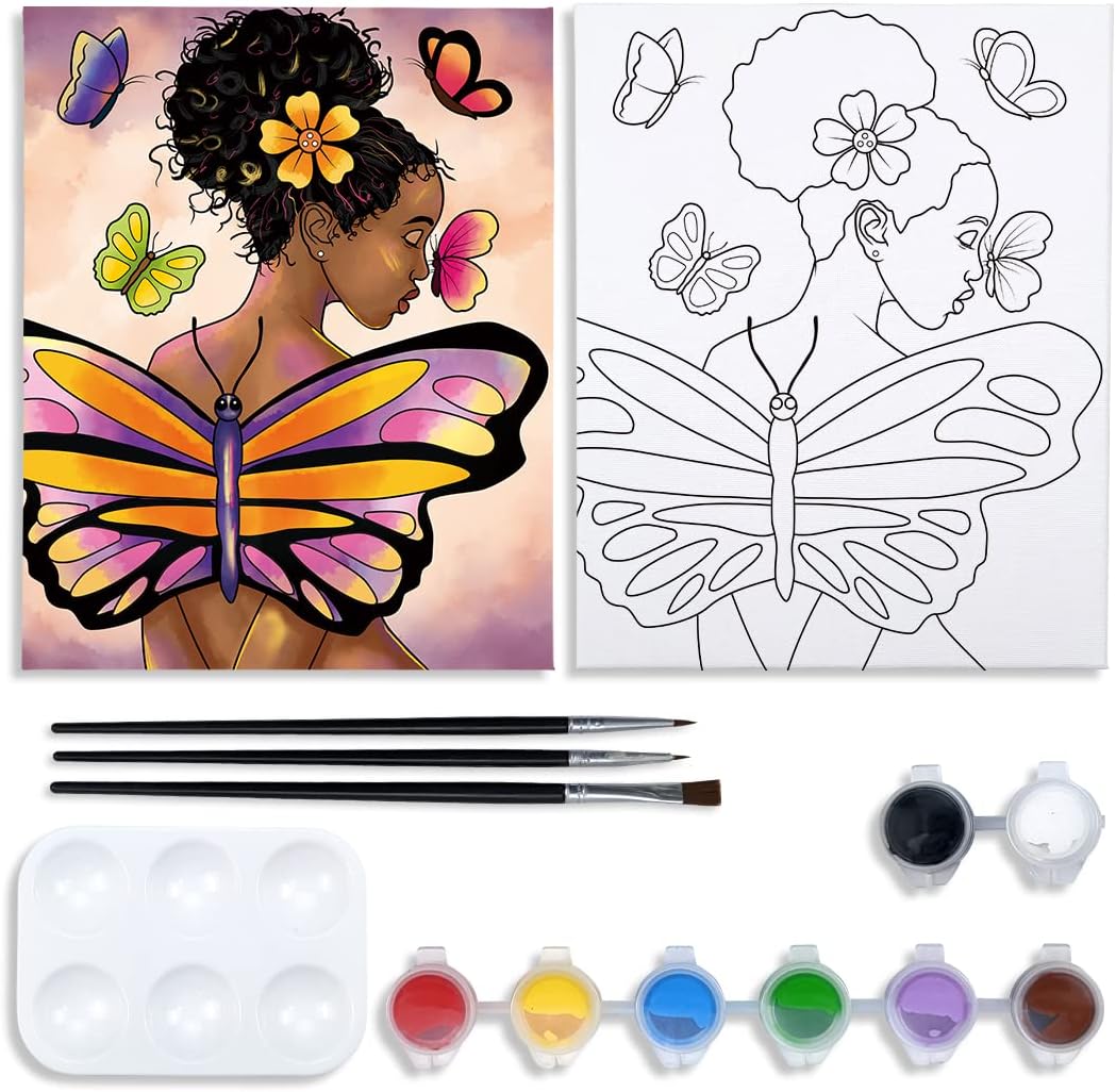 Painting Kit Pre Drawn Canvas for Painting for Adult Party Kits Paint and Sip Supplies 8x10 in Canvas Butterfly Girl 8 Acrylic Colors,3 Brush,1 Pallet Paint Art Set