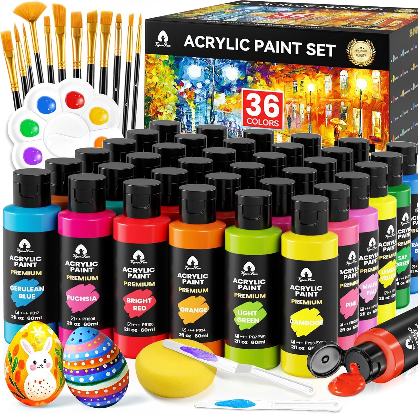 52 Pcs Acrylic Paint Set with 12 Brushes, 2 Knives & Palette - 36 Colors (2oz/60ml) for Adults, Kids, Artists & Beginners - Easter Basket Stuffers, Rock & Egg Painting Kit