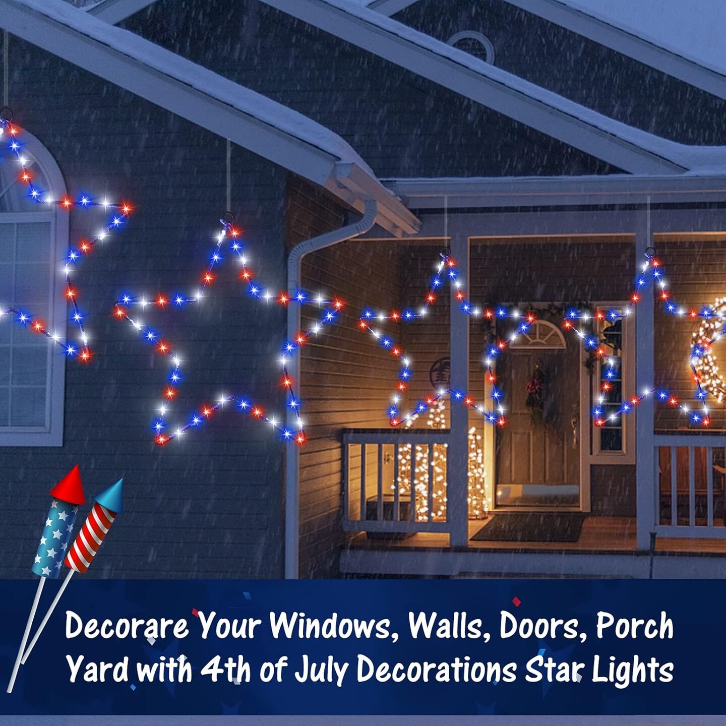 Red White and Blue Lights, 3Pack 4th of July Decorations Iron Framed Hanging Patriotic Star Light