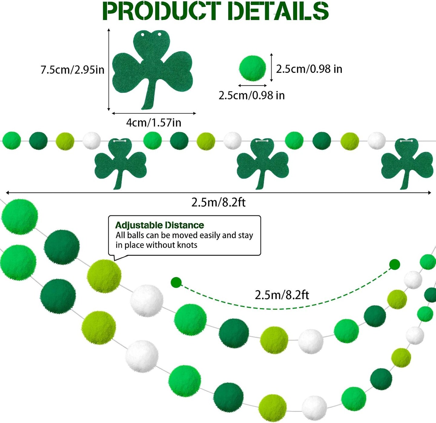 3 Pieces Pom Pom Garlands St. Patrick's Day Felt Shamrock Clover Irish Wall Hanging