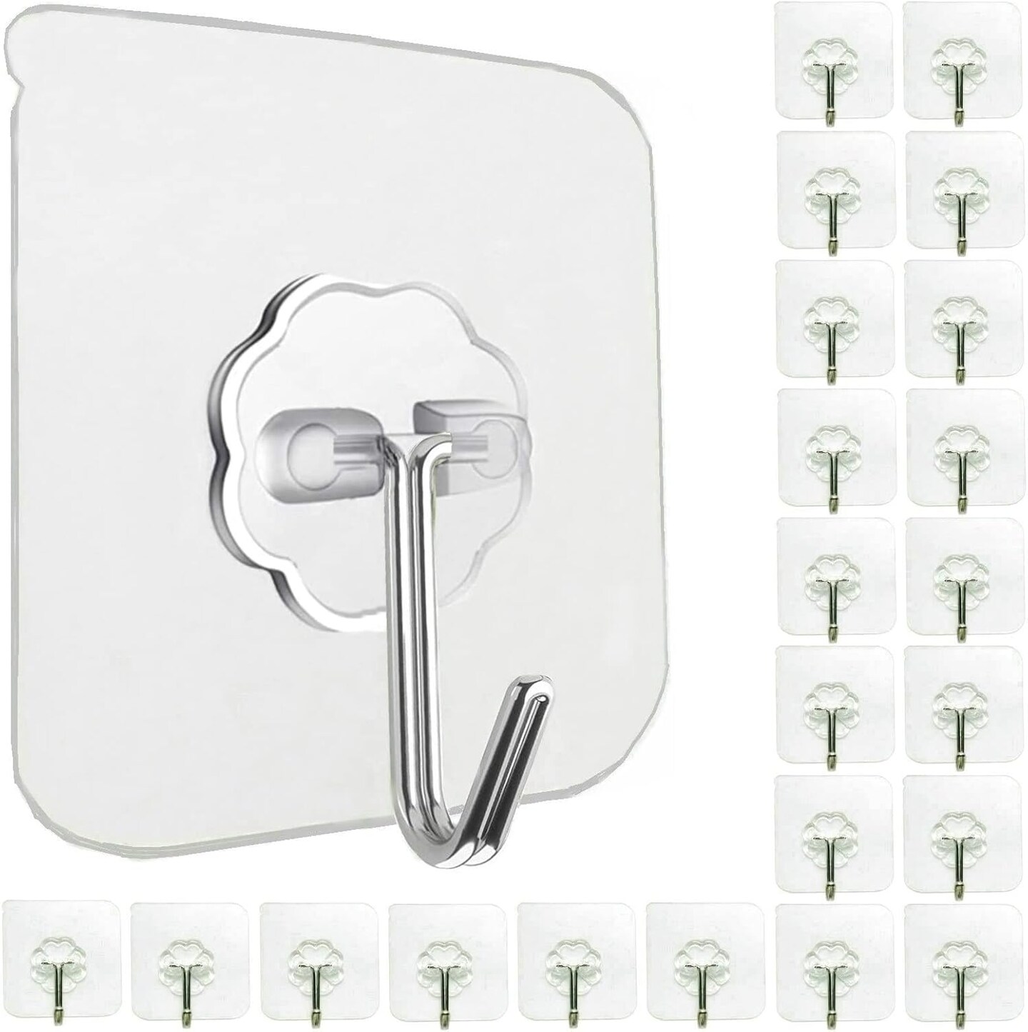 24 Pack Heavy Duty Self Adhesive Hooks - 33lb Max, Transparent Sticky Wall Hooks