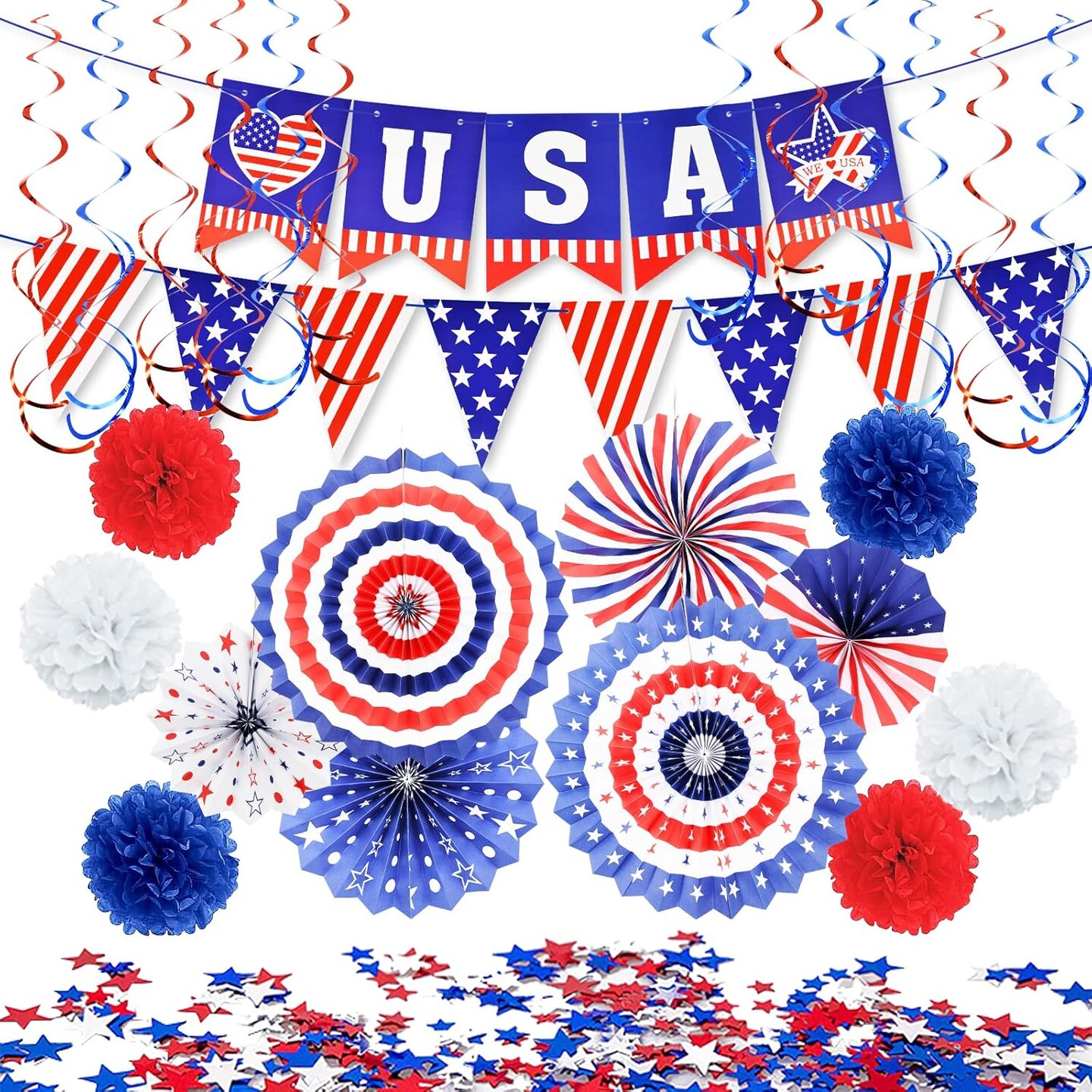 27 Pieces 4th of July Decorations Set, Red White Blue American Flag Hanging Honeycomb Paper Fans, Pom Poms, Swirls, Love USA Banner