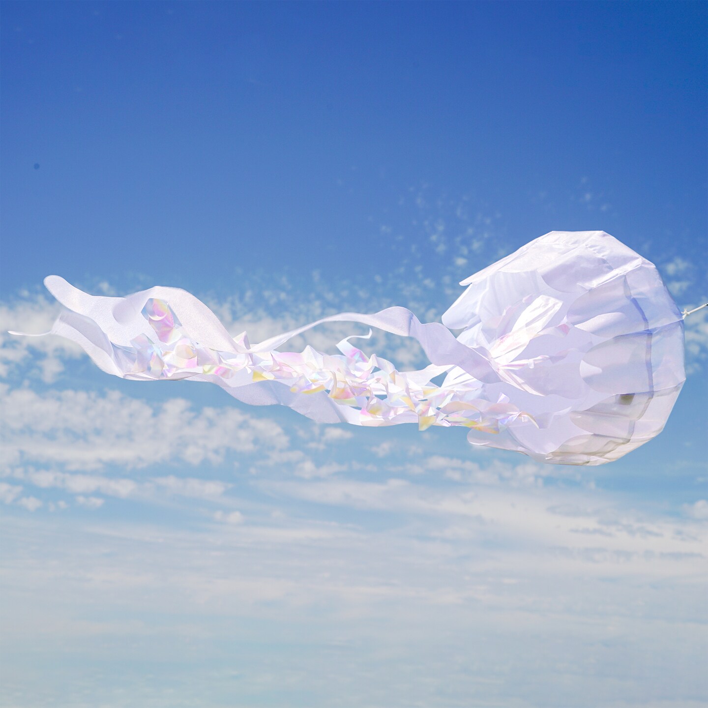 In the Breeze 5260 — 50-inch White Iridescent Jellyfish 3D Windsock — Simmering Windsock with Inflatable Head and Free-Flowing Tentacles