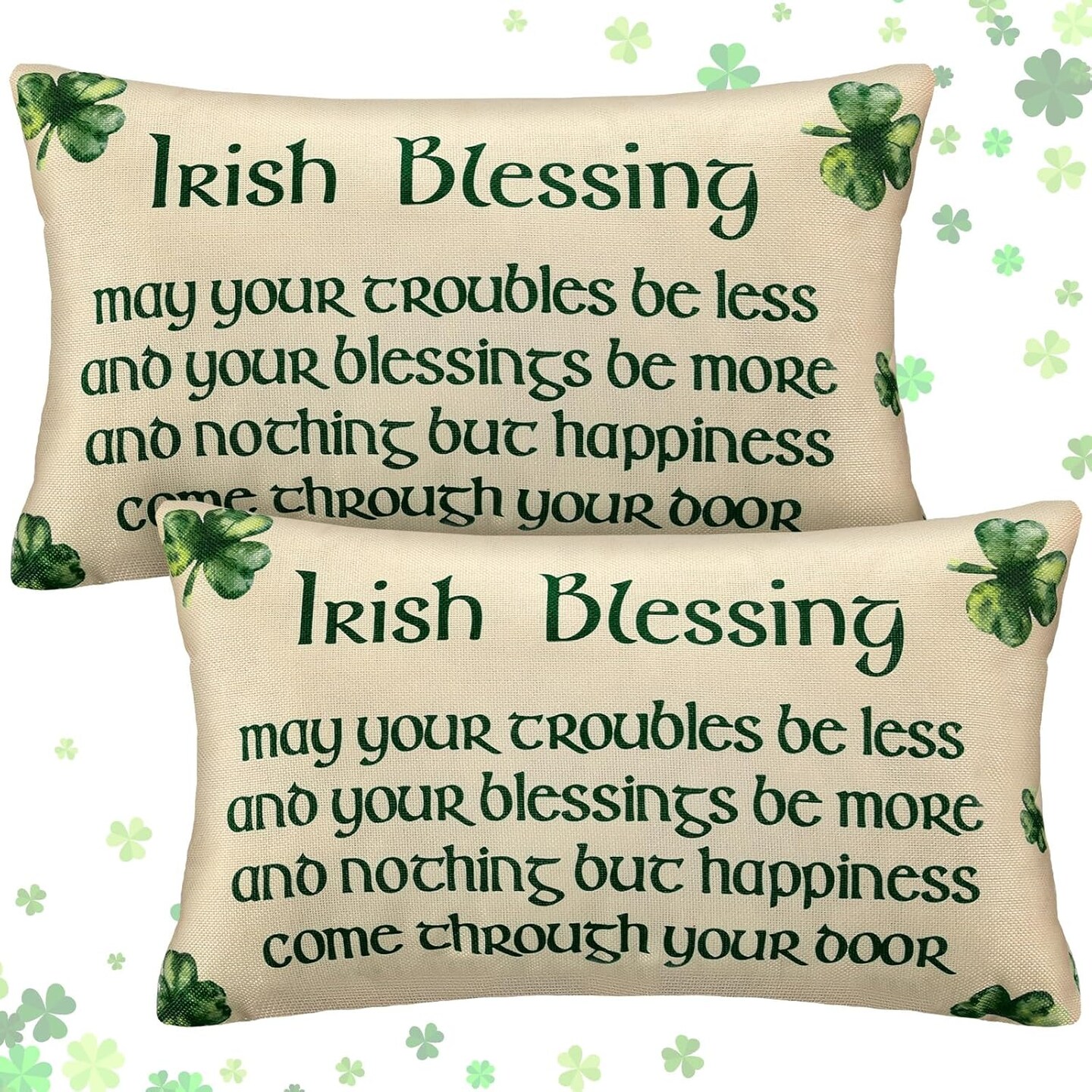2 Pcs St. Patrick&#x27;s Day Irish Blessing Pillow Covers Green Clover Quote Decorative Throw Pillow Cover Case Linen