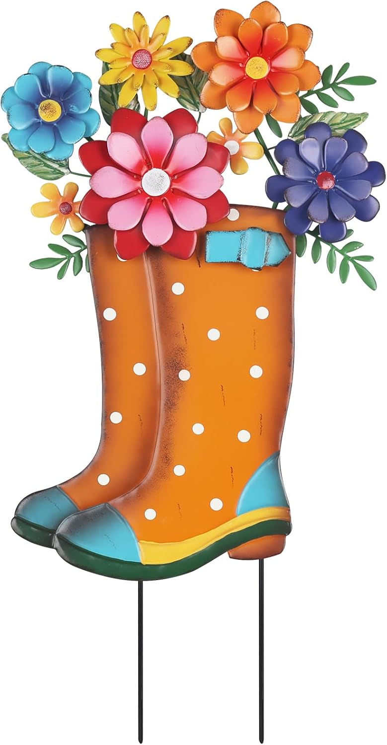 Garden Decor for Outside, 26&#x201D; Decorative Garden Stakes Metal Boot with Flowers for Spring Decor, Yard Art Stakes for Outdoor Lawn Backyard Porch Pathway Garden Decorations