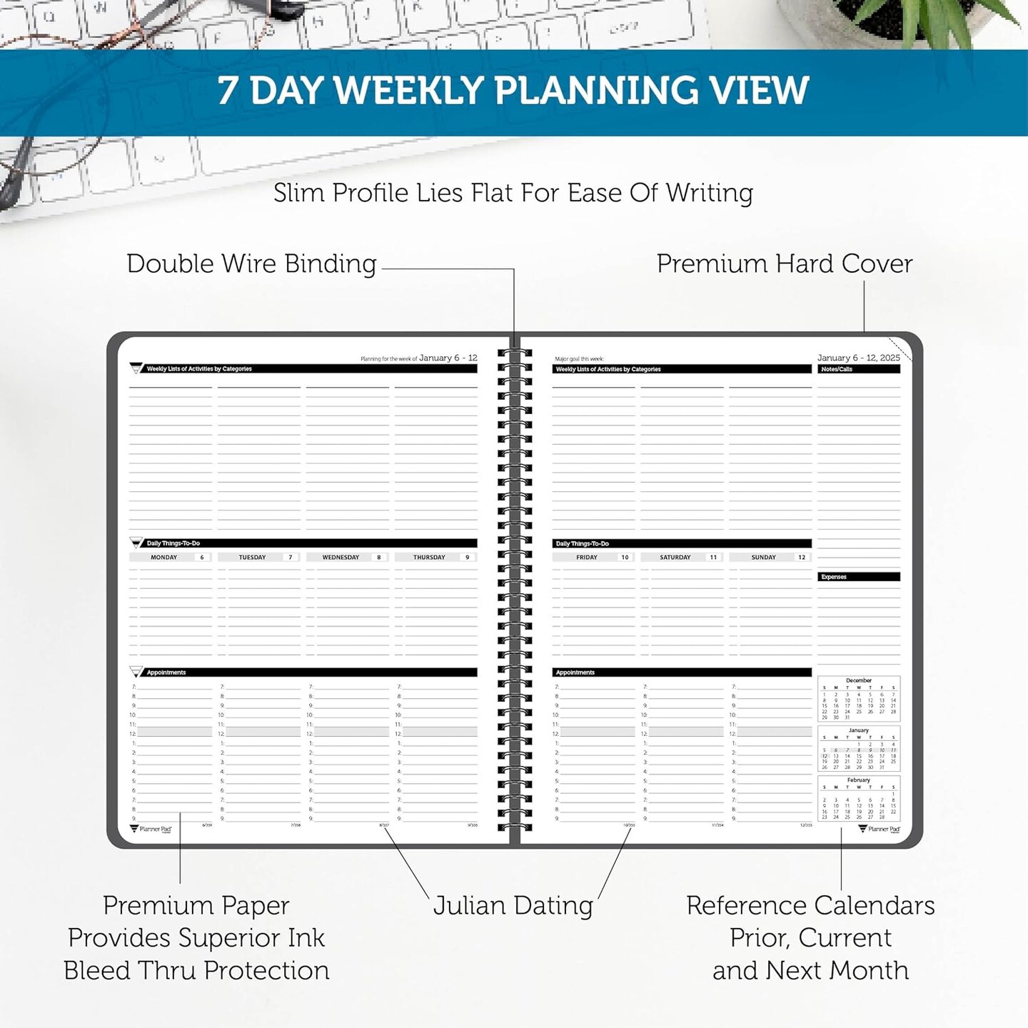 Planner Pad Spiral Bound January-December 2025/ Calendar Year 8 1/2&#x22; x 11&#x22; Large 3-Tier Funnel Down 12 Month Organizer, Black Cover/Black Ink