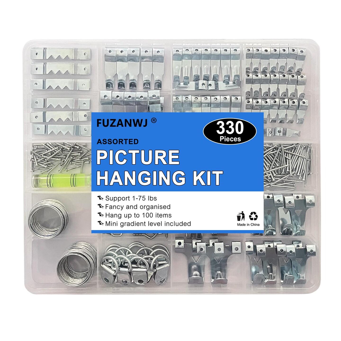 330pc Picture Hanging Kit - Wall Hangers, Nails, Wire, Screw Eyes, D Rings &#x26; Tool for Frame &#x26; Canvas Mounting