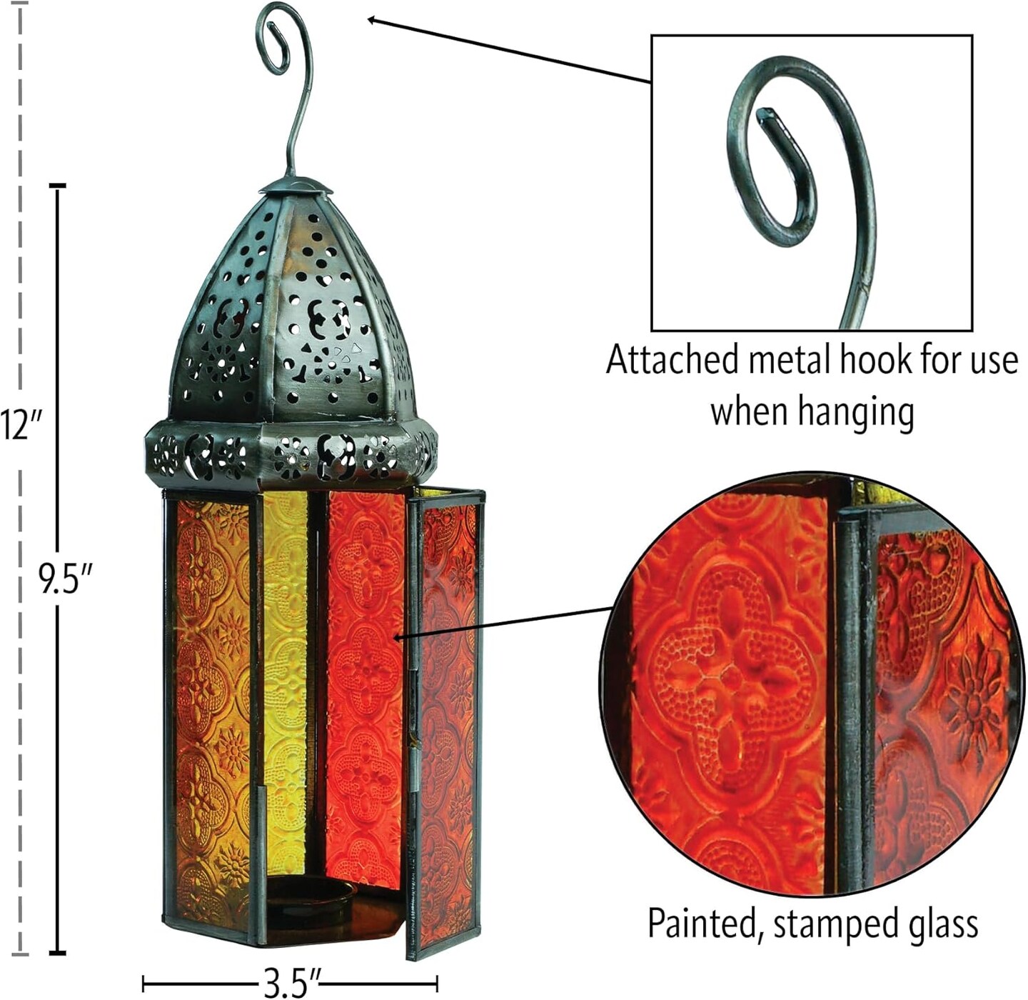 In the Breeze 9214 — Orange & Yellow Large Hex Tealight Lantern — Moroccan-Style Boho Chic Tealight Glass and Metal Tabletop Lantern
