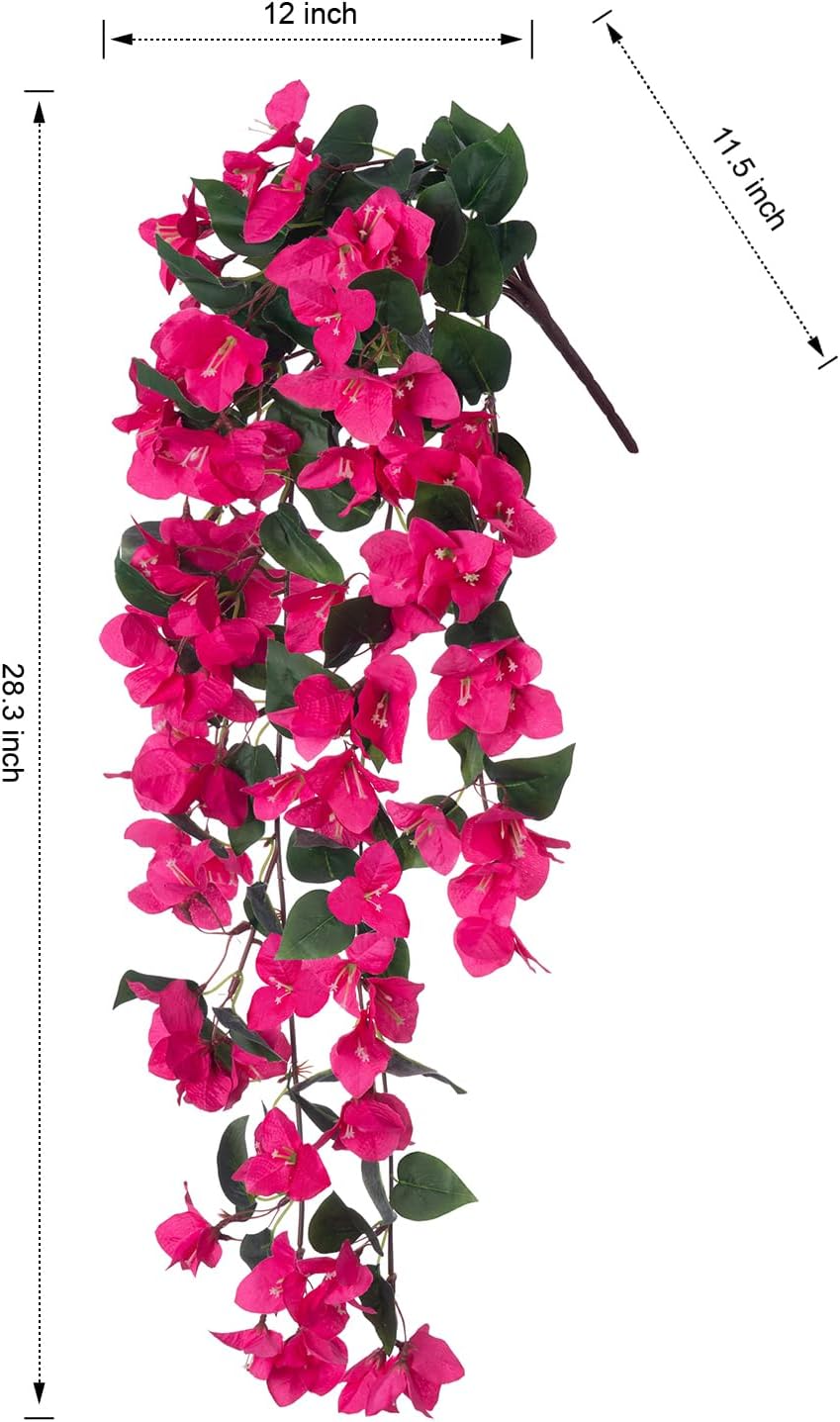 Artificial Fake Hanging Flowers Plants for Outdoor Outside Decor, 2 PCS Faux Silk Bougainvillea Long Vines UV Resistant Realistic Faux Hanging Flower for Home Porch Patio Balcony Yard, Hotpink
