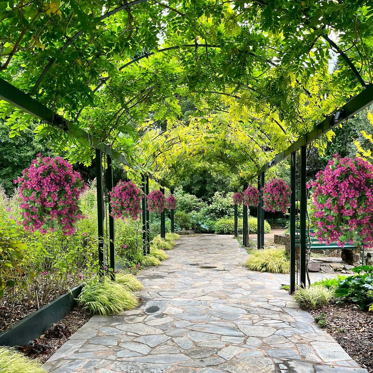 Artificial Hanging Flowers in Basket for Summer Outdoor Porch Decoration,UV Resistant Fake Silk Violet in Planter Realistic for Outside Home Patio Balcony Garden Yard Decor