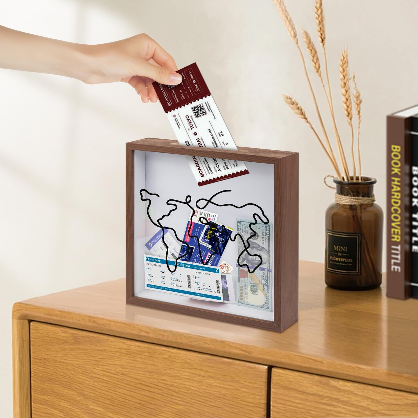 Adventure Archive Box 12x12inch Gifts for Dad Father From Wife/Daughter/Son, Wooden Travel Shadow Box with Slot, Loading Tickets Display Case Memories Travel Box Frame for Keepsake, Dark Brown