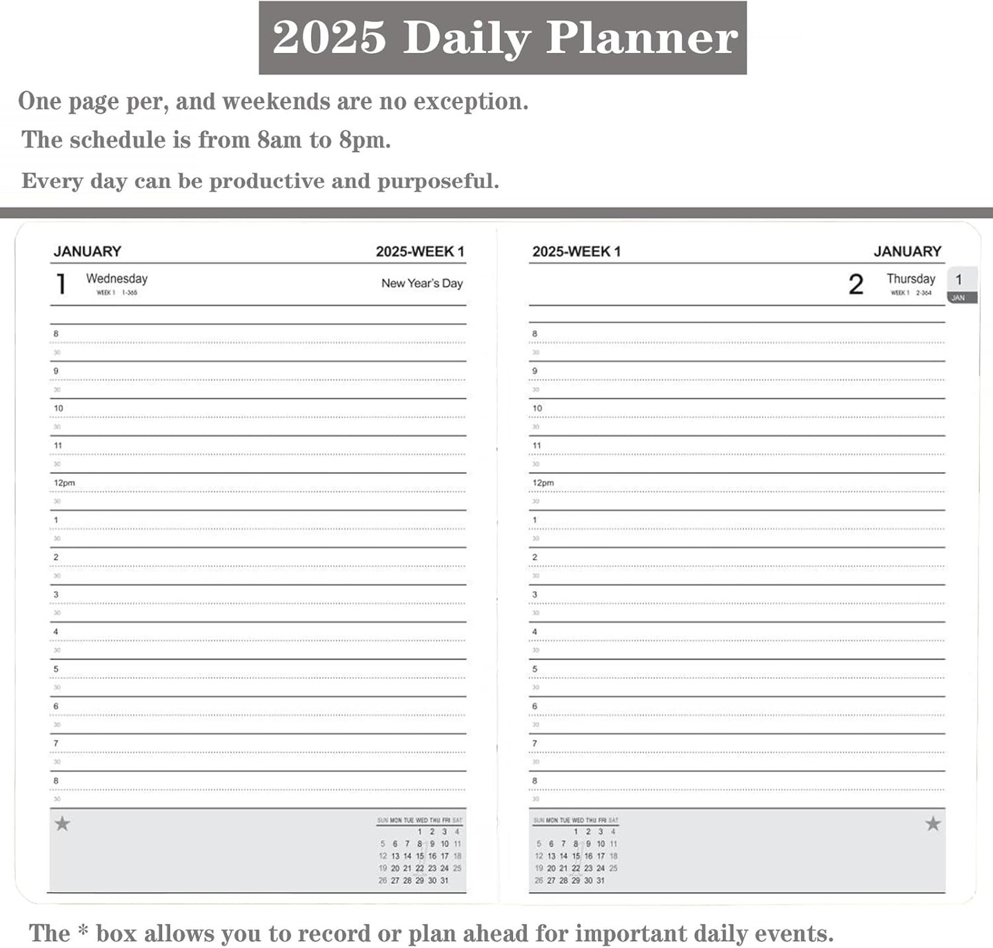 2025 Daily Planner/Calendar, One Page Per Day, Daily Monthly Agenda Planner with Time Slots and Monthly Tabs, Jan - Dec 2025, 5.7&#x22; x 8.25&#x22; Appointment Book, Leather Cover (2025-Lake Green)