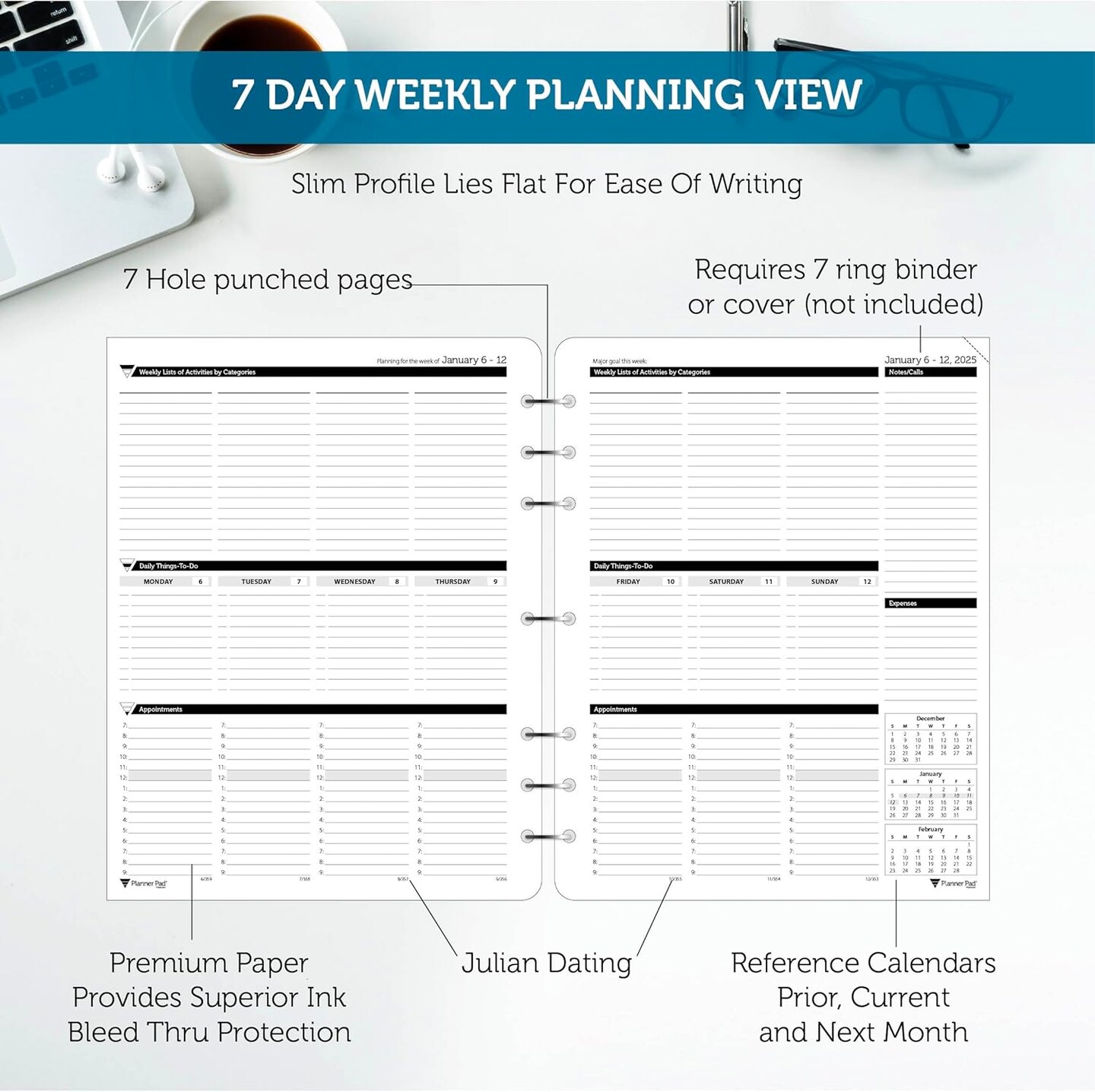 Planner Pad 7 Hole Loose Leaf January-December 2025/ Calendar Year 8 1/2" x 11" Large 3-Tier Funnel Down 12 Month Organizer, Black Ink