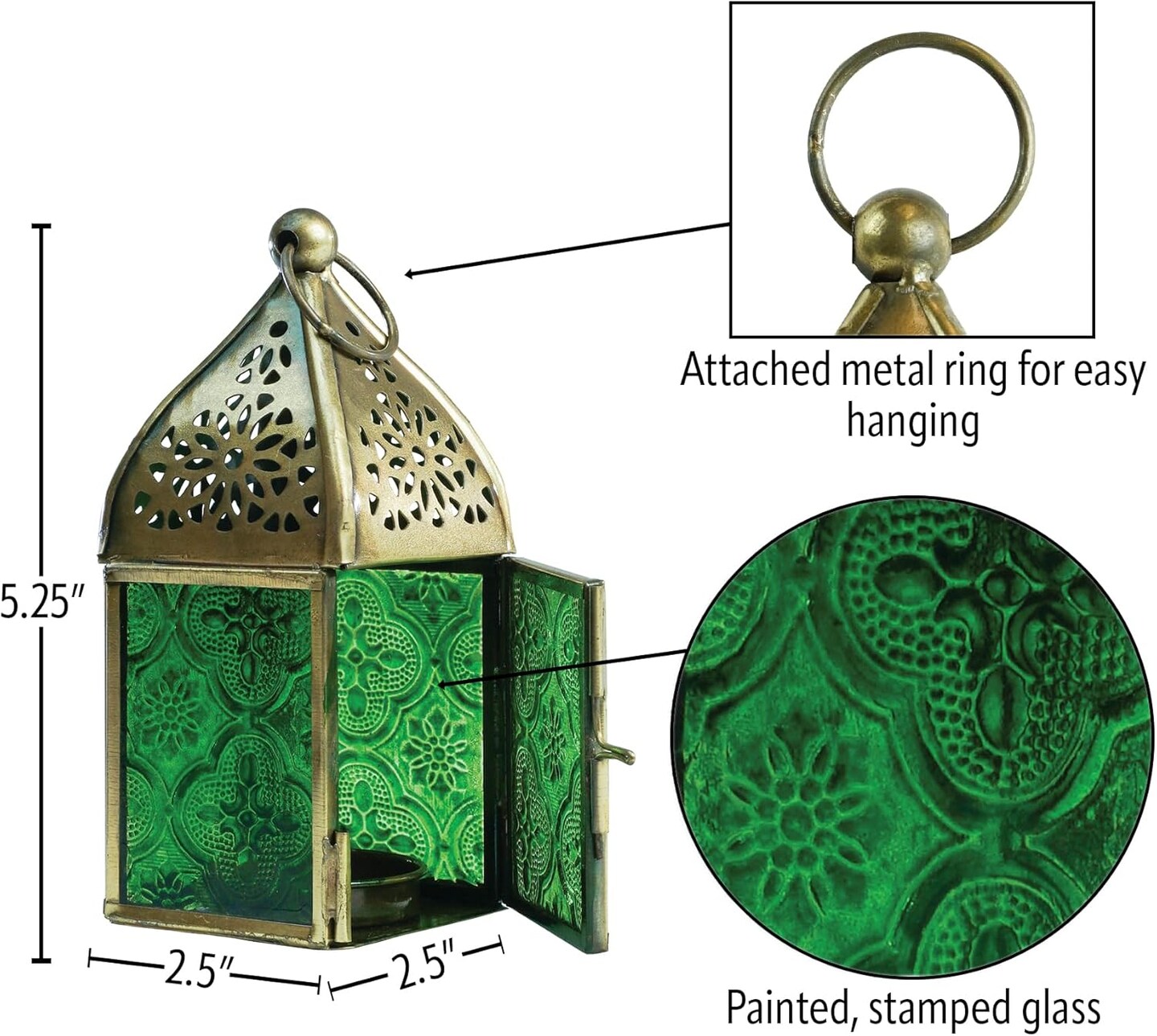In the Breeze 9202 — Green Mini Square Tealight Lantern — Moroccan-Style Boho Chic Tealight Glass and Metal Tabletop Lantern
